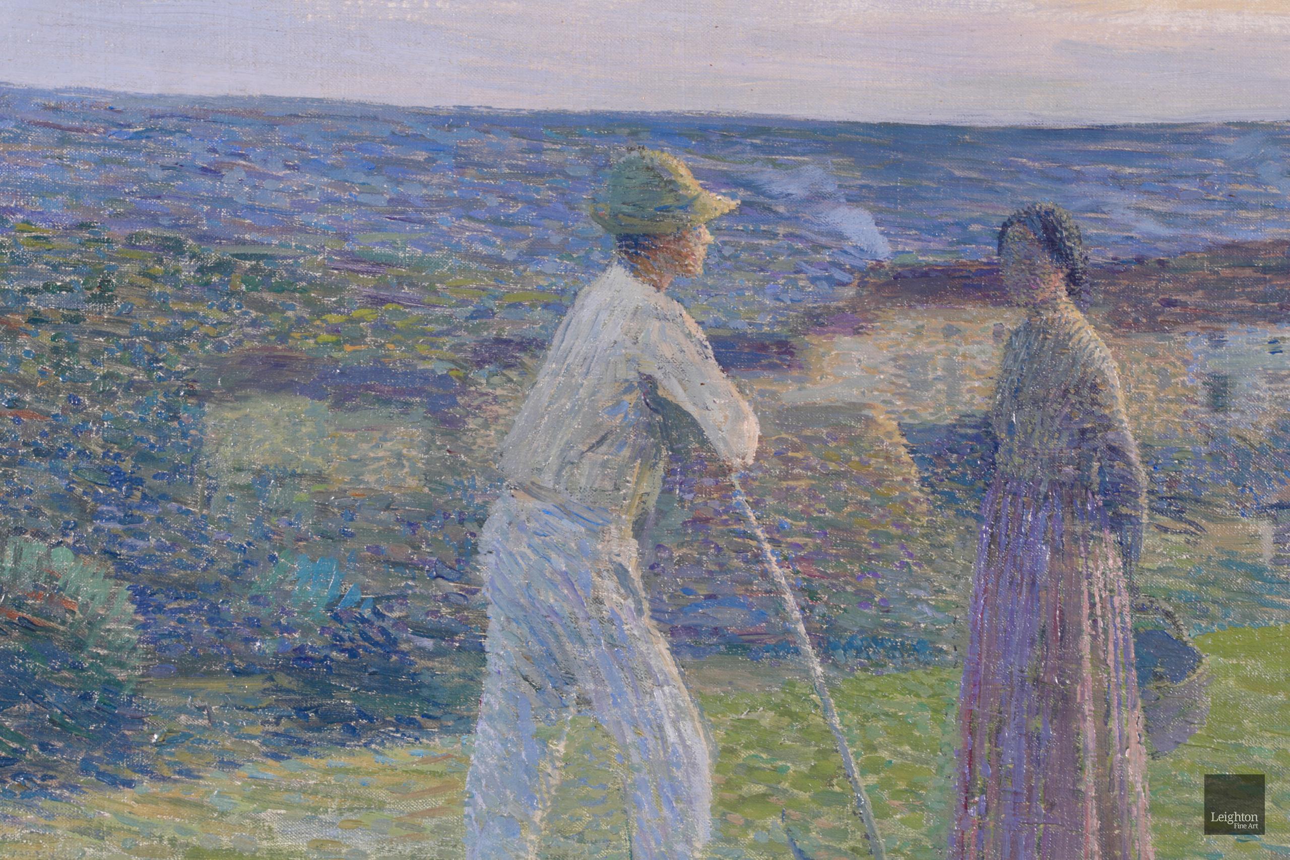 Stunning divisionist oil on panel circa 1895 by sought after French post impressionist painter Henri Martin. The work depicts a worker in a field resting against his scythe as he talks to a woman holding a basket behind her back. Beyond them, smoke