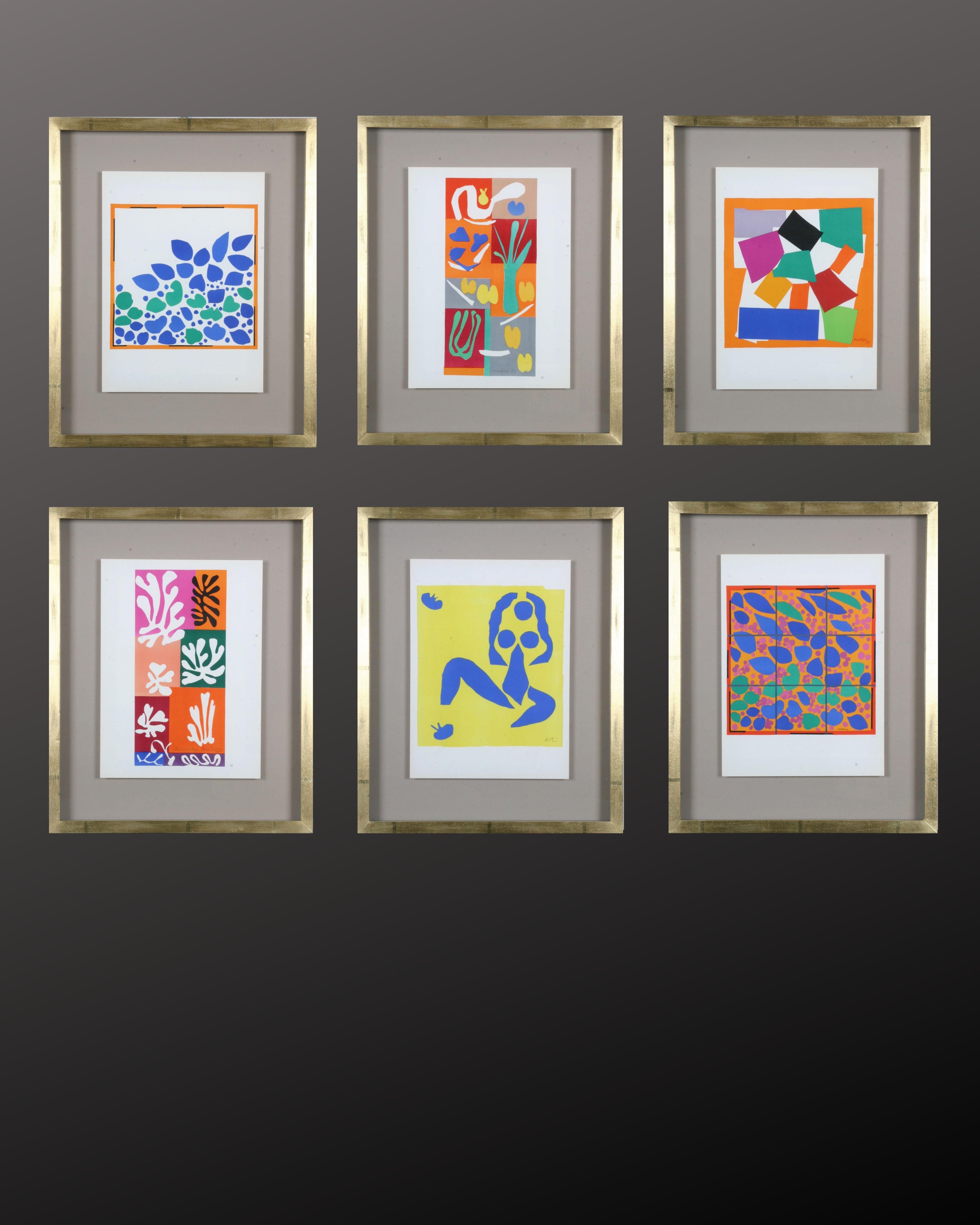 Satz von sechs gerahmten Lithographien: Henri Matisse: Farblithographien nach den Cut-Outs, gerahmter Druck, 1958 

1941 unterzog sich Matisse einer Unterleibsoperation, nach der er das Malen als körperlich anstrengend empfand. Zunehmend widmete er