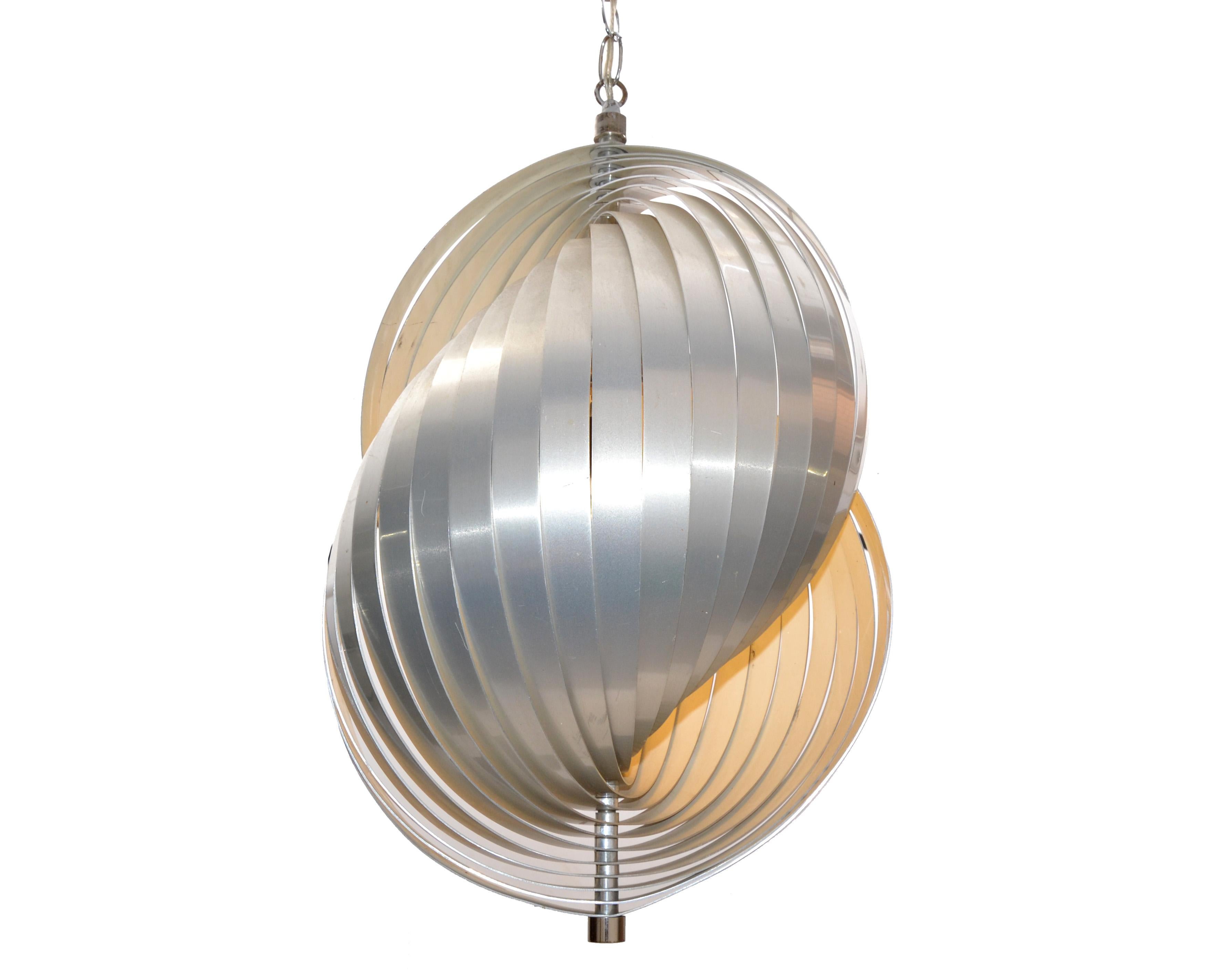 French Henri Mathieu Aluminum Pendant Light Chandelier Mid-Century Modern France, 1960s