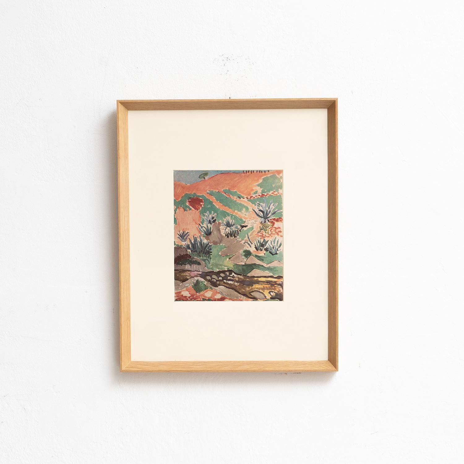 Treten Sie ein in das strahlende Universum von Henri Matisse mit diesem eindrucksvollen Farbdruck aus der Fauves-Kollektion, die 1948 von Editions du Chêne in Paris, Frankreich, sorgfältig herausgegeben wurde. Das wunderschön in Massivholz gerahmte