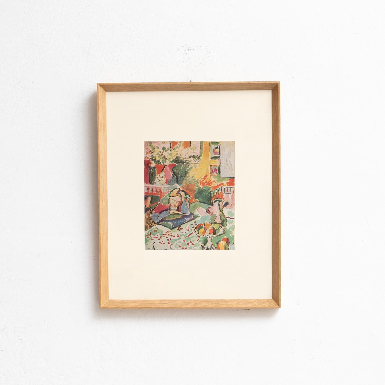 Treten Sie ein in das strahlende Universum von Henri Matisse mit diesem eindrucksvollen Farbdruck aus der Fauves-Kollektion, die 1948 von Editions du Chêne in Paris, Frankreich, sorgfältig herausgegeben wurde. Das wunderschön in Massivholz gerahmte