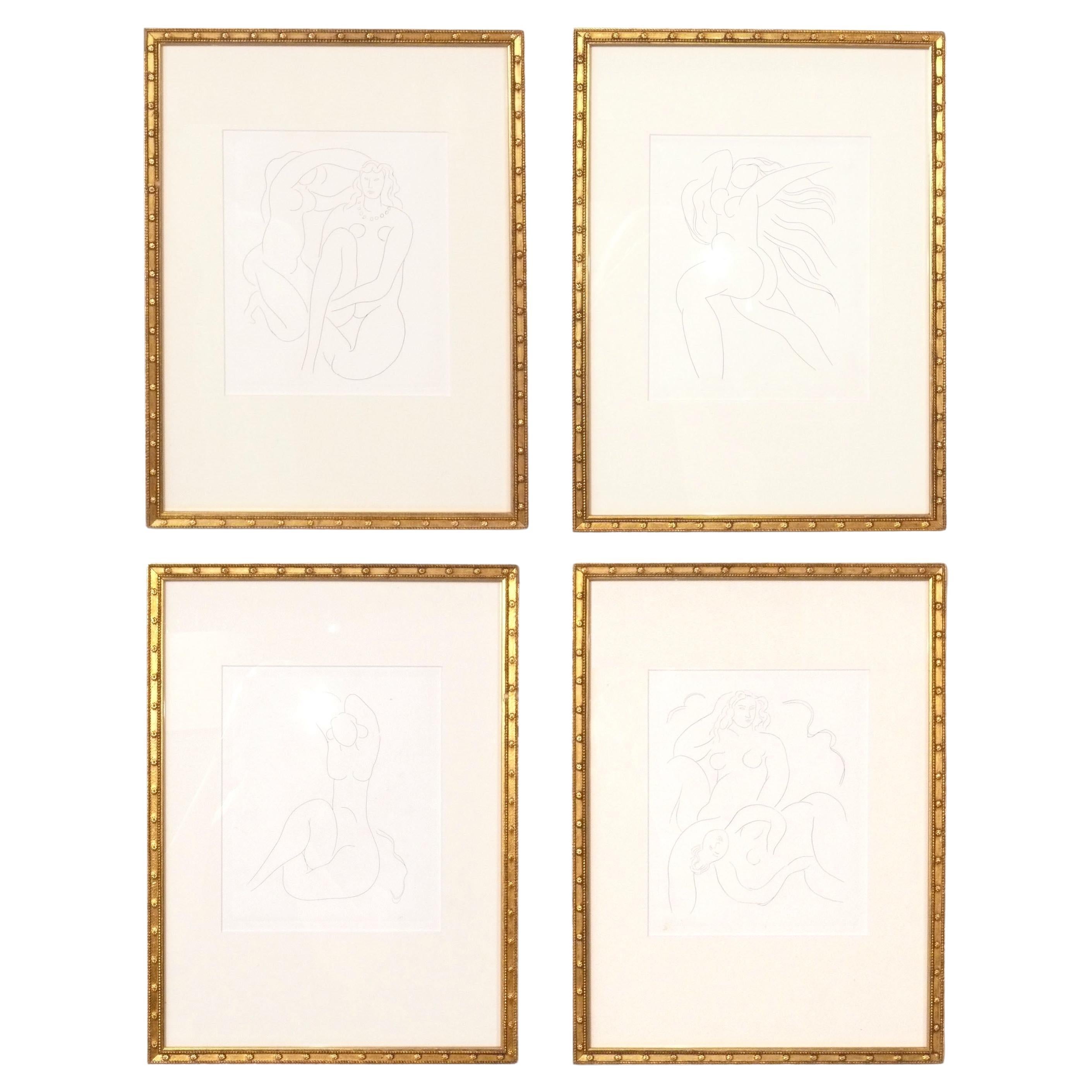 Henri Matisse Etchings Group of Four Mid Century Modern Art Deco Gilt Frames
