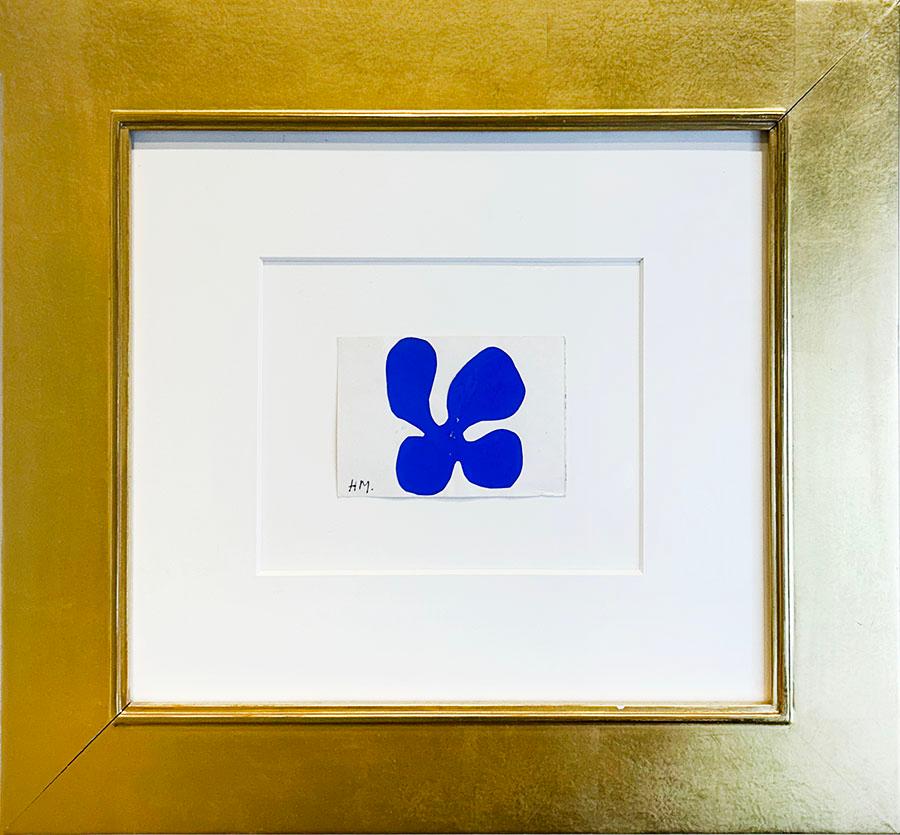 Artist:  Matisse, Henri
Title:  Blue Cut Out/Flower 
Date:  Unknown
Medium:  Paper Collage
Unframed Dimensions:  4" x 5.75"
Framed Dimensions:  20.75" x 22.5"
Signature:  Initialed
Edition:  Unique

Matisse started creating cutouts late in his