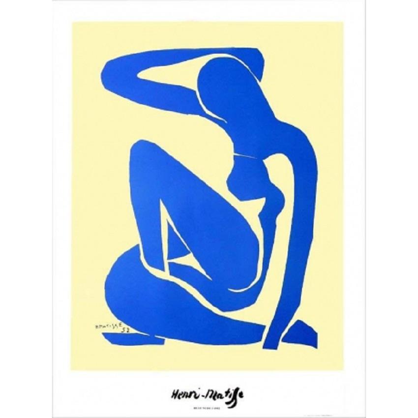 "Blue Nude" by Artist Henri Matisse.

The "Blue Nude" by Matisse from 1952 as a color offset on solid paper, signed and dated in the print. 
From a series of gouache cuts depicting sitting or standing female nudes in abstract form.

A beautiful