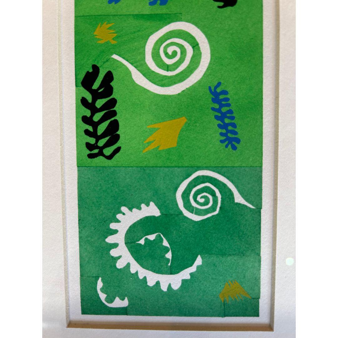 Vibrant pochoir print after a découpage by Henri Matisse, from a rare set of ten published by Berggruen and printed by Mourlot in Paris, 1953. Part of a limited edition of 1,000, this piece captures Matisse’s signature cut-out style in bold, Fauvist