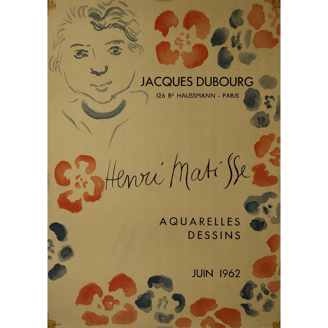 This elegant 1962 original exhibition poster was designed by the legendary French modernist Henri Matisse to promote a show of watercolors and drawings (aquarelles et dessins) at the Jacques Dubourg Gallery, located at 126 Boulevard Haussmann in