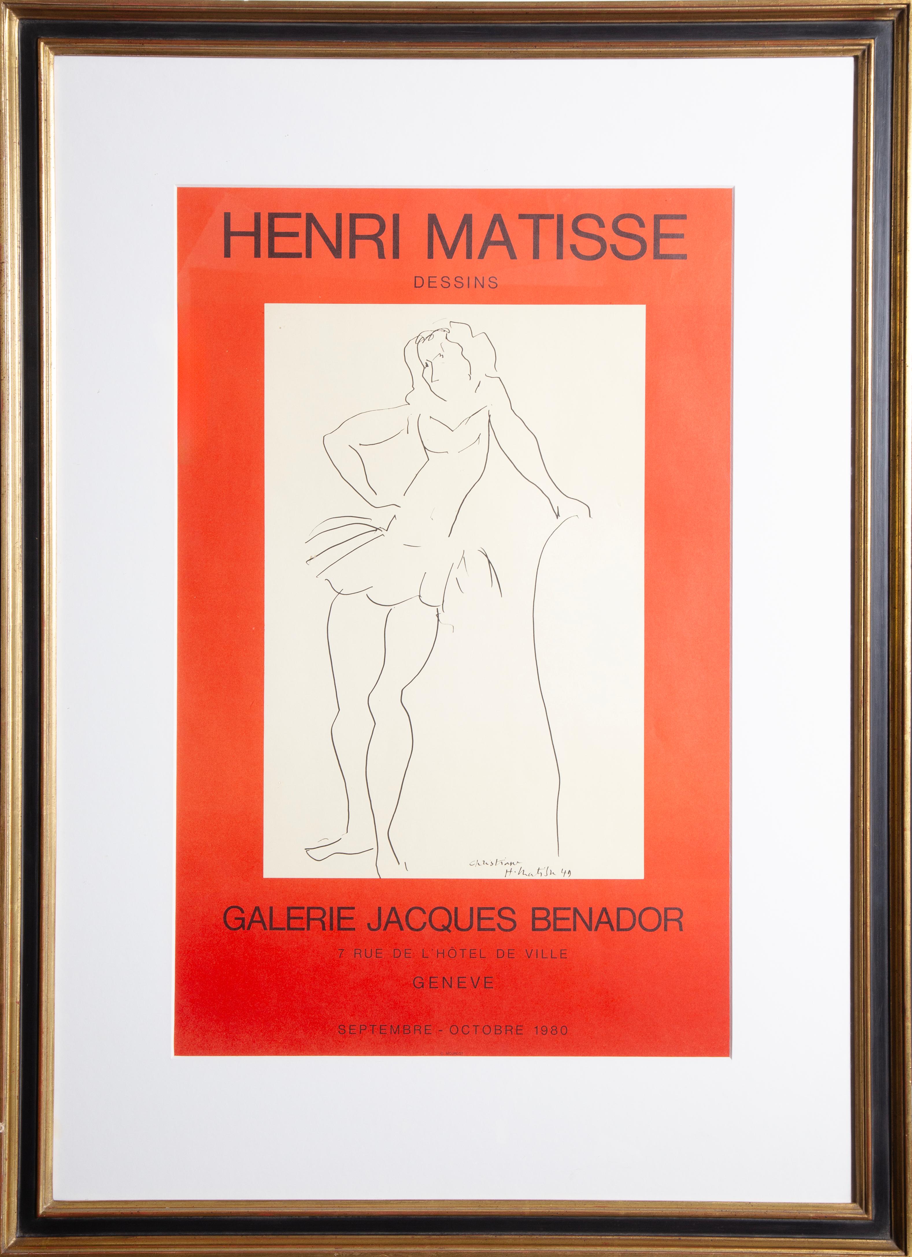Original lithograph poster for the Matisse exhibition at the Galerie Jacques Benador, Geneva 1980. The center of the composition features an image of a drawing by Henri Matisse of a dancer in a short tutu resting against a barre.

Exhibition Poster:
