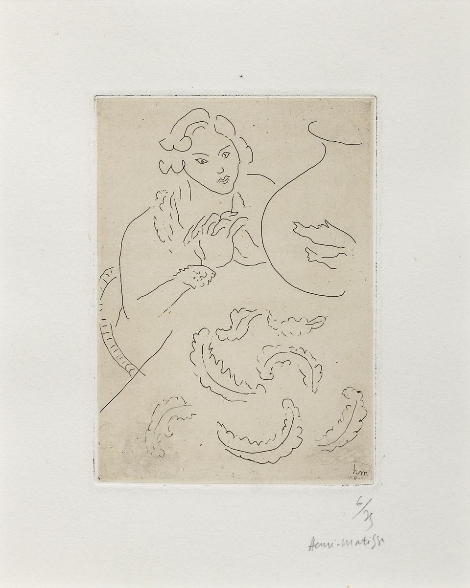 Henri Matisse Figurative Print - Figure mains jointes et nappe à décor persan