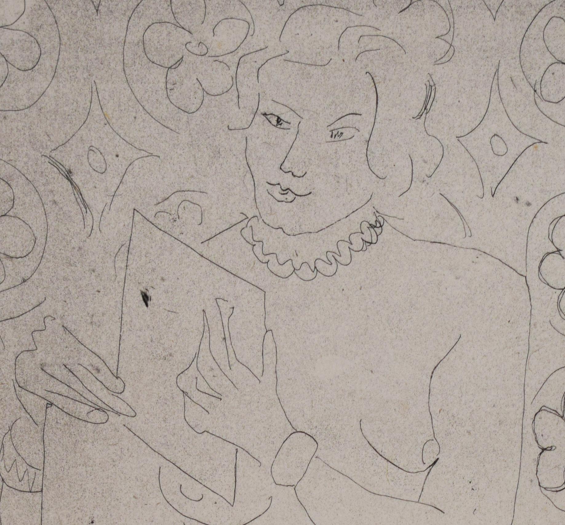 Reading Figure, devant Moucharaby - Édition de 15 lectures sur l'orientalisme - Gris Portrait Print par Henri Matisse