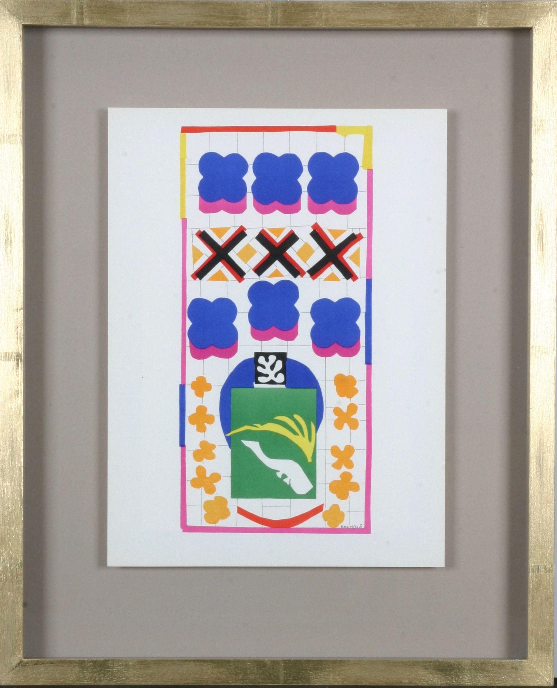 Henri Matisse : Lithographies en couleurs d'après les découpages, épreuve encadrée, 1958 

En 1941, Matisse subit une opération de l'abdomen, après quoi il trouve que la peinture est physiquement éprouvante. Il se consacre de plus en plus à