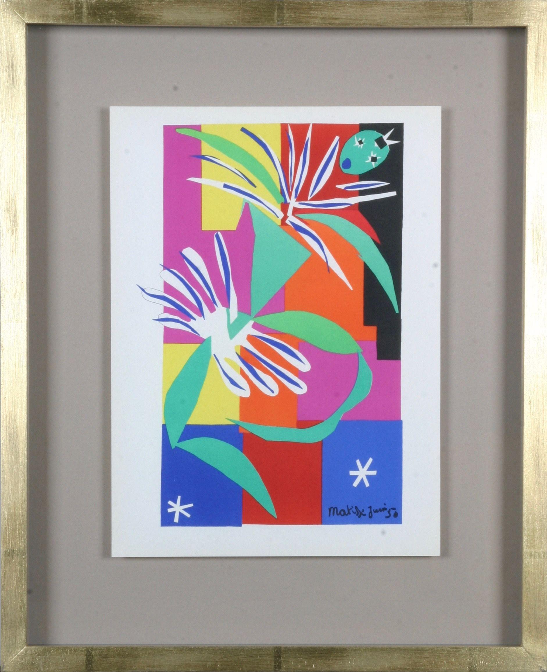 Henri Matisse : Lithographies en couleurs d'après les découpages, épreuve encadrée, 1958 

En 1941, Matisse subit une opération de l'abdomen, après quoi il trouve que la peinture est physiquement éprouvante. Il se consacre de plus en plus à