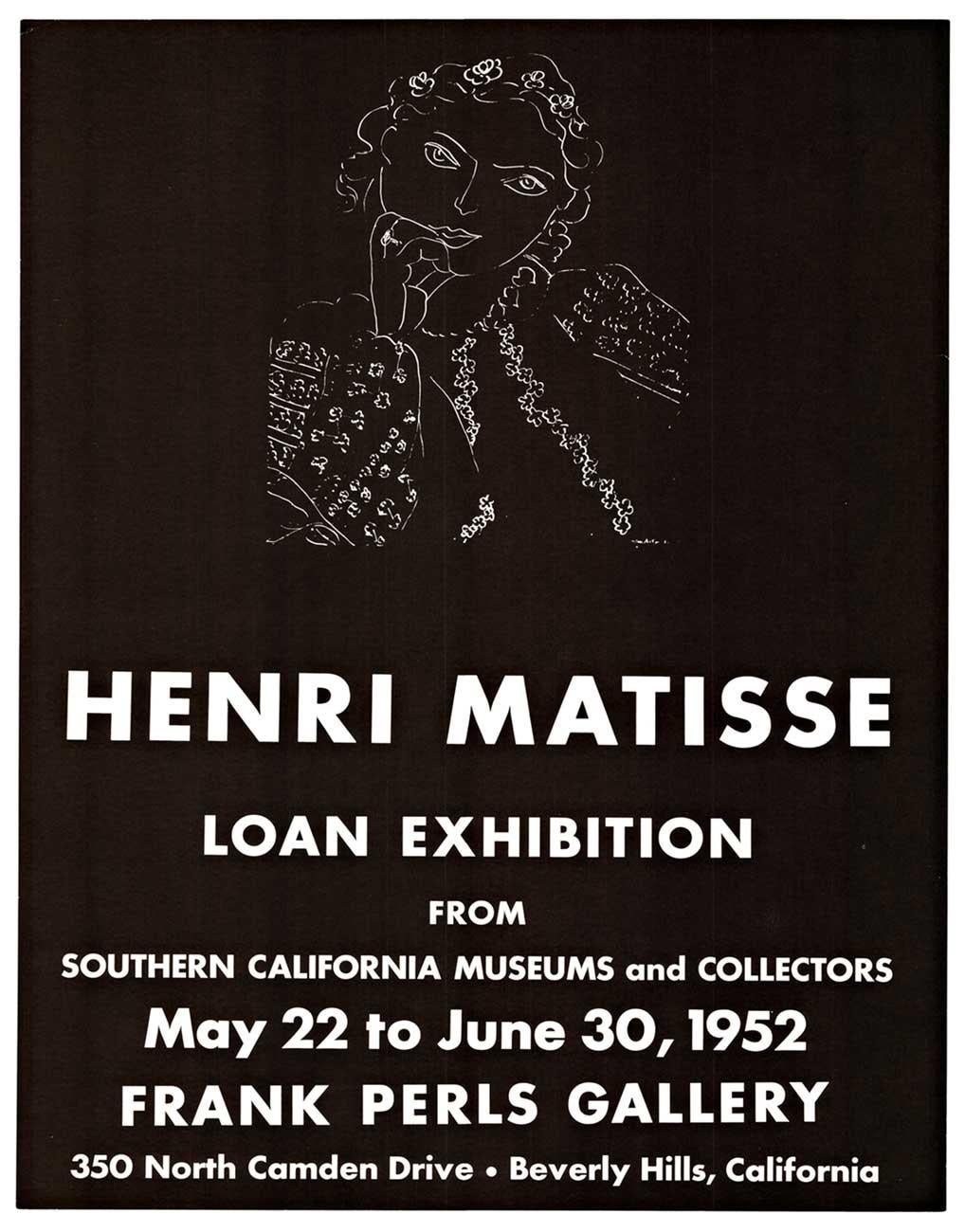 Original vintage exhibition poster:  HENRI MATISSE EXHIBITION.  Linen baked in excellent condition, ready to frame.   The background is a flat black, dark charcoal grey/black.

Original poster:  Southern California Museums and Collectors, Frank