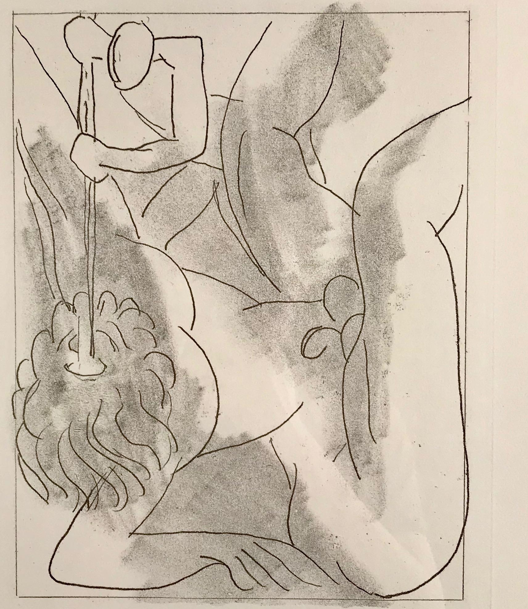 This piece is an original soft-ground etching by Henri Matisse, done in 1935. This image was created to illustrate James Joyce's "Ulysses", which is based on Greek mythologies. Specifically this piece illustrates Odysseus removing the eye of the