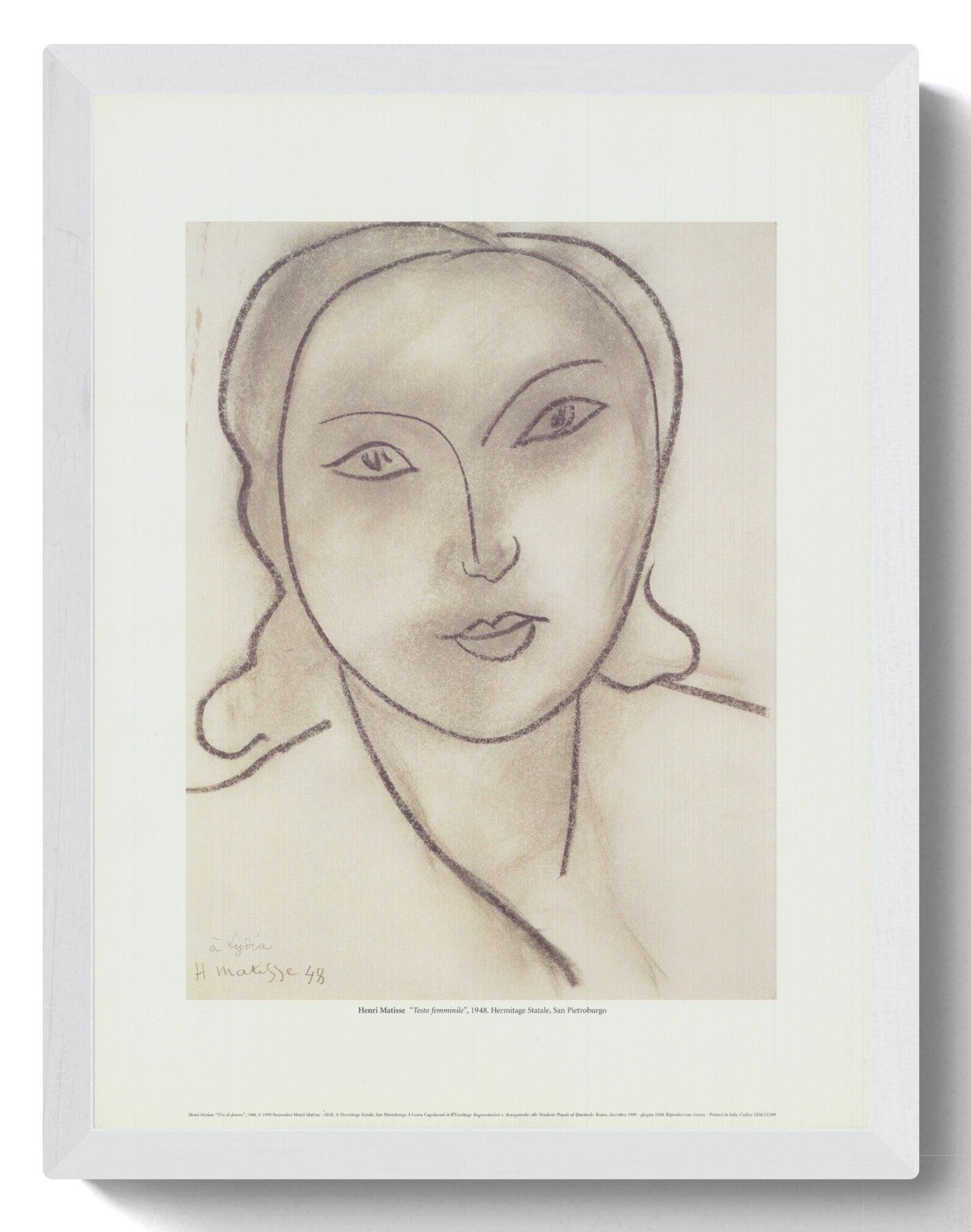 This is a framed reproduction of "Woman's Portrait", published in 1999 by LEM with the approval of the Succession Matisse. The piece, part of the permanent collection at the Hermitage Museum in St. Petersburg, Russia, features a printed signature in