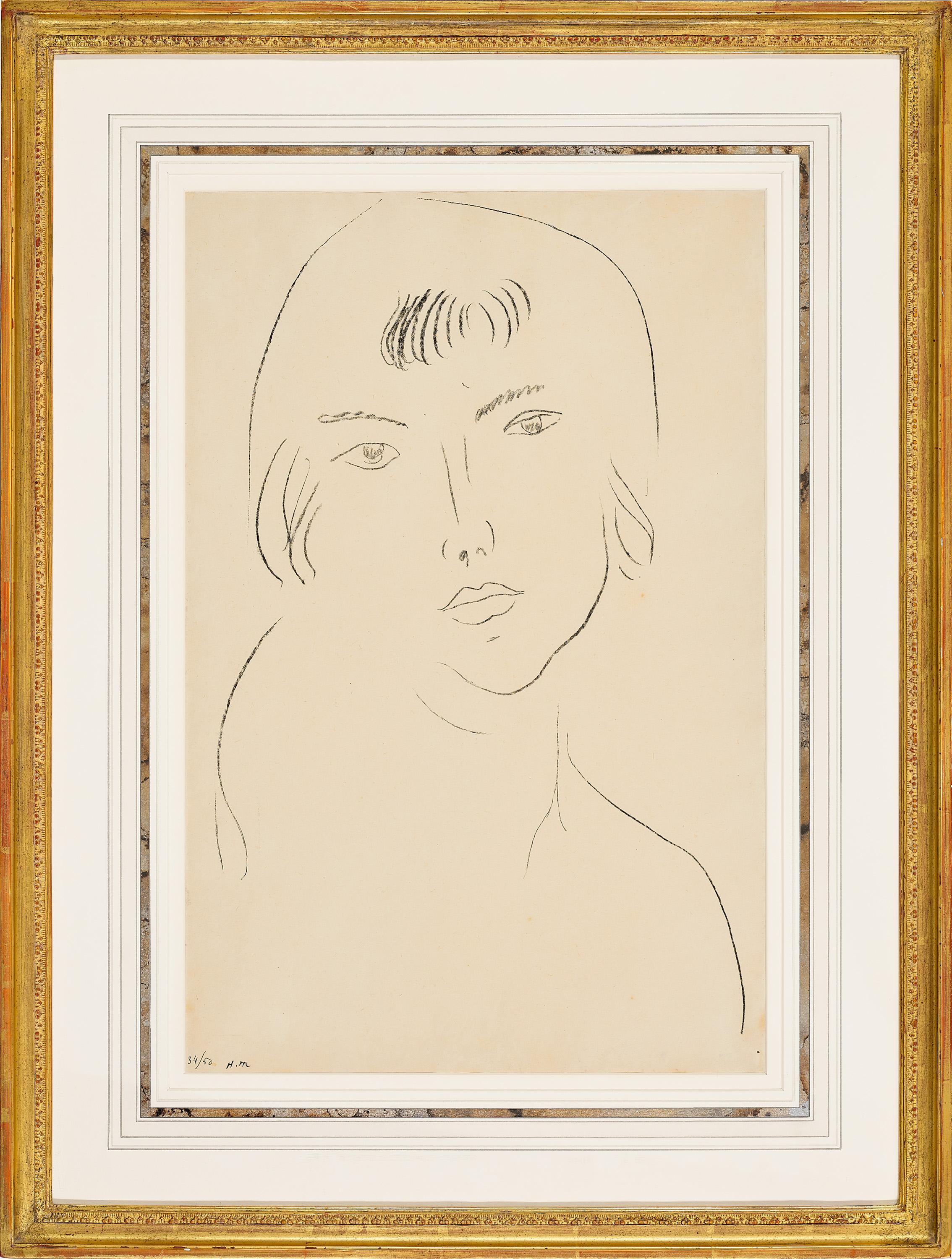 Henri Matisse 
Visage À La Frange, 1913
lithograph on japon paper
Edition: 34/50
Hand signed with initials and numbered below the image
Image size 49.0 x 32.5 cm 
Frame size 70.0 x 53.0 cm 

LITERATURE
Duthuit-Matisse, M. and Duthuit, C., Henri