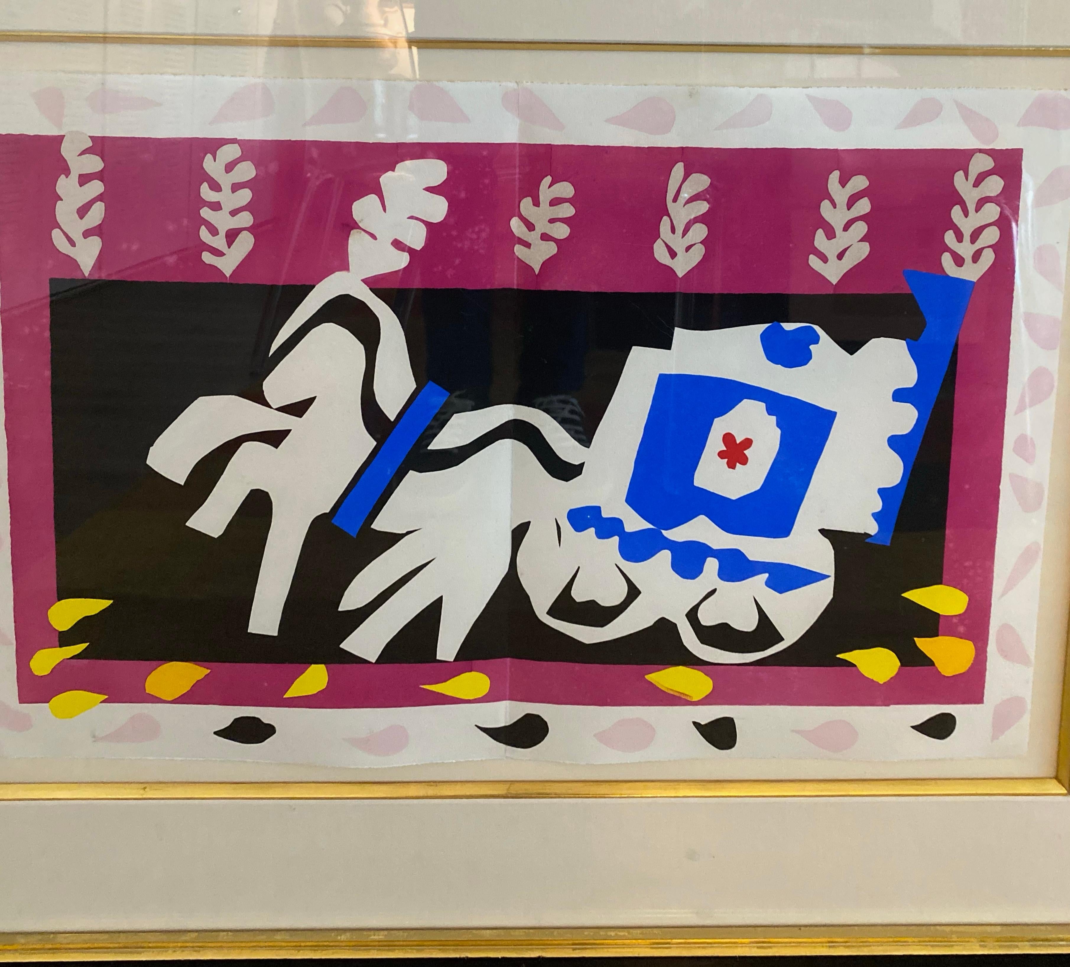 Matisse’s Jazz is one of his most renowned and beloved seris.

Pochoir in colors on Arches paper with the center fold (as issued) from the Edition of 250, published by  Tériade, Paris (there was also an unfolded portfolio Edition of 100).

Size