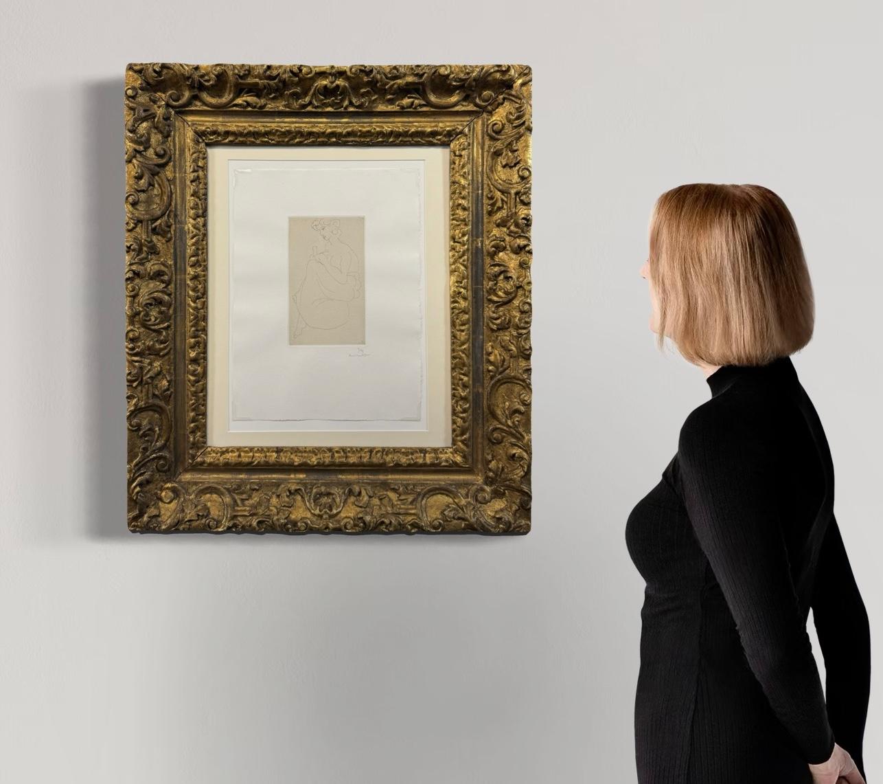 Created at the height of Matisse’s mature period, this work exemplifies the artist’s turn toward clarity, purity of line, and compositional balance. Matisse, in his signature linear style, renders a young woman in mid-gesture, writing a letter, her