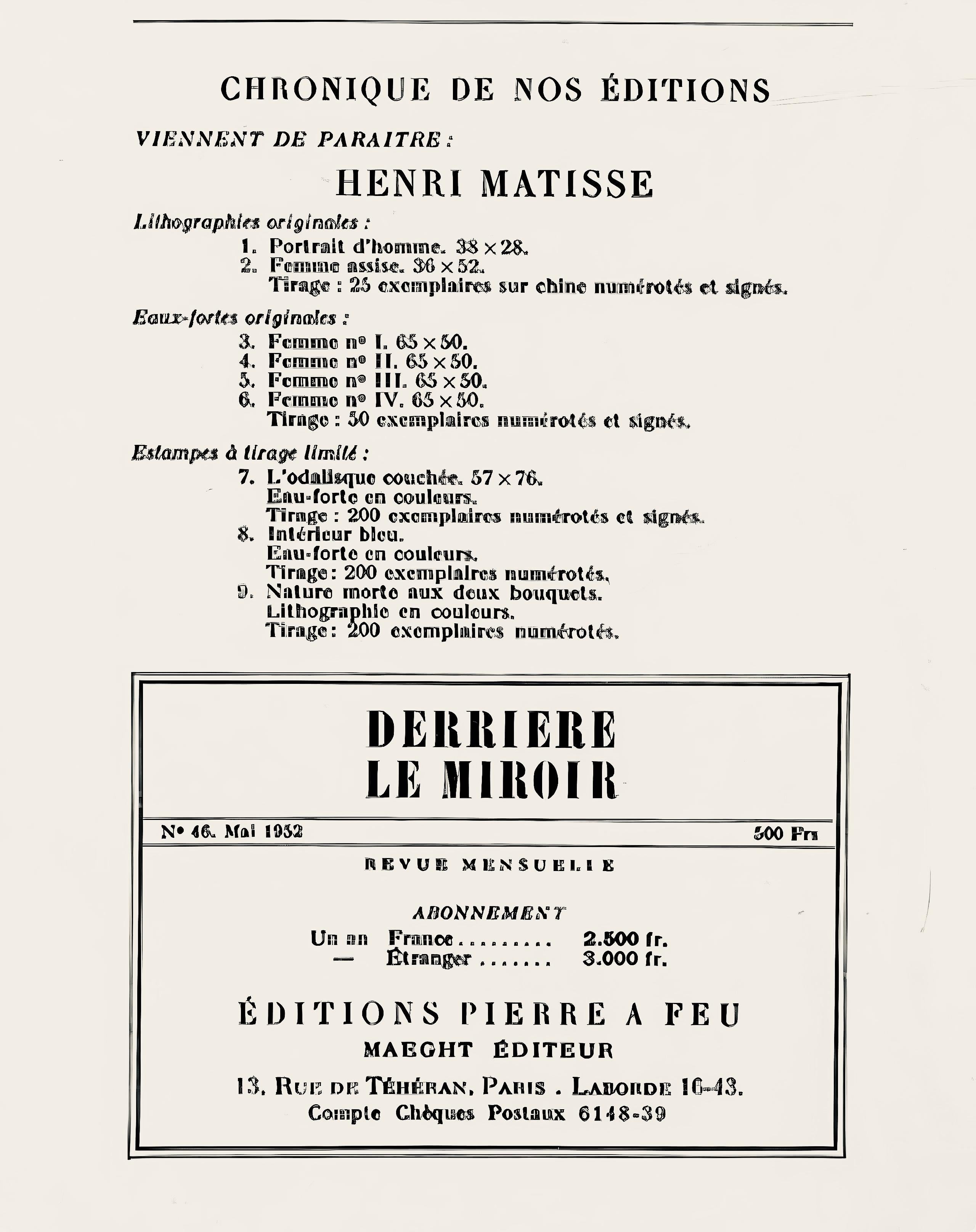 Lithograph on vélin paper. Inscription: Unsigned and unnumbered, as issued. Good condition. Notes: From Derrière le miroir, N° 46-47, 1952. Published by Aimé Maeght, Éditeur, Paris; printed by Éditions Pierre à Feu, Galerie Maeght, Paris. Excerpted