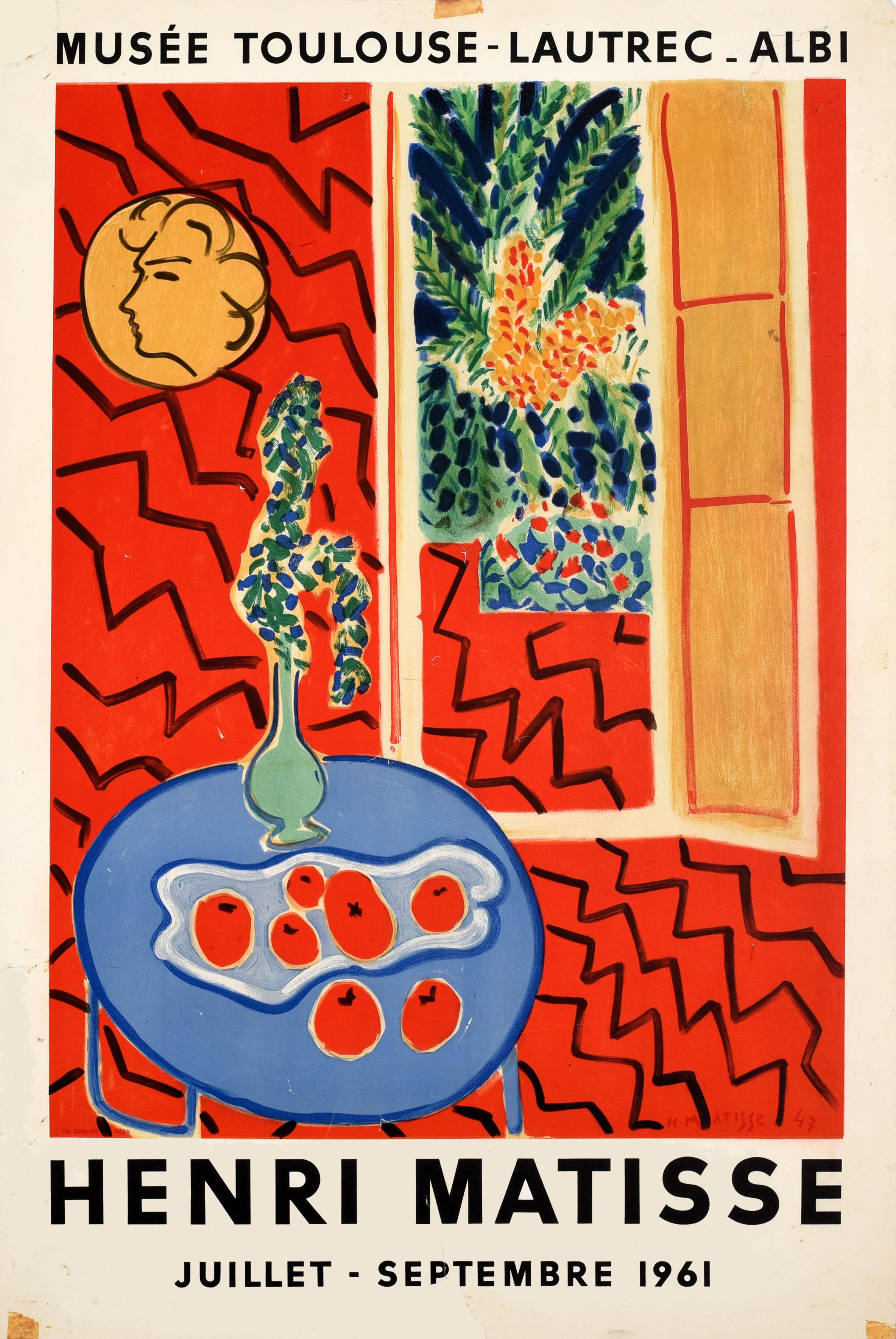 Original vintage art exhibition poster featuring a colourful design by the renowned French artist Henri Matisse (1869-1954) from his 1947 artwork Interieur Rouge Nature Morte sur Table Bleue / Red Interior Still Life on a Blue Table depicting a vase