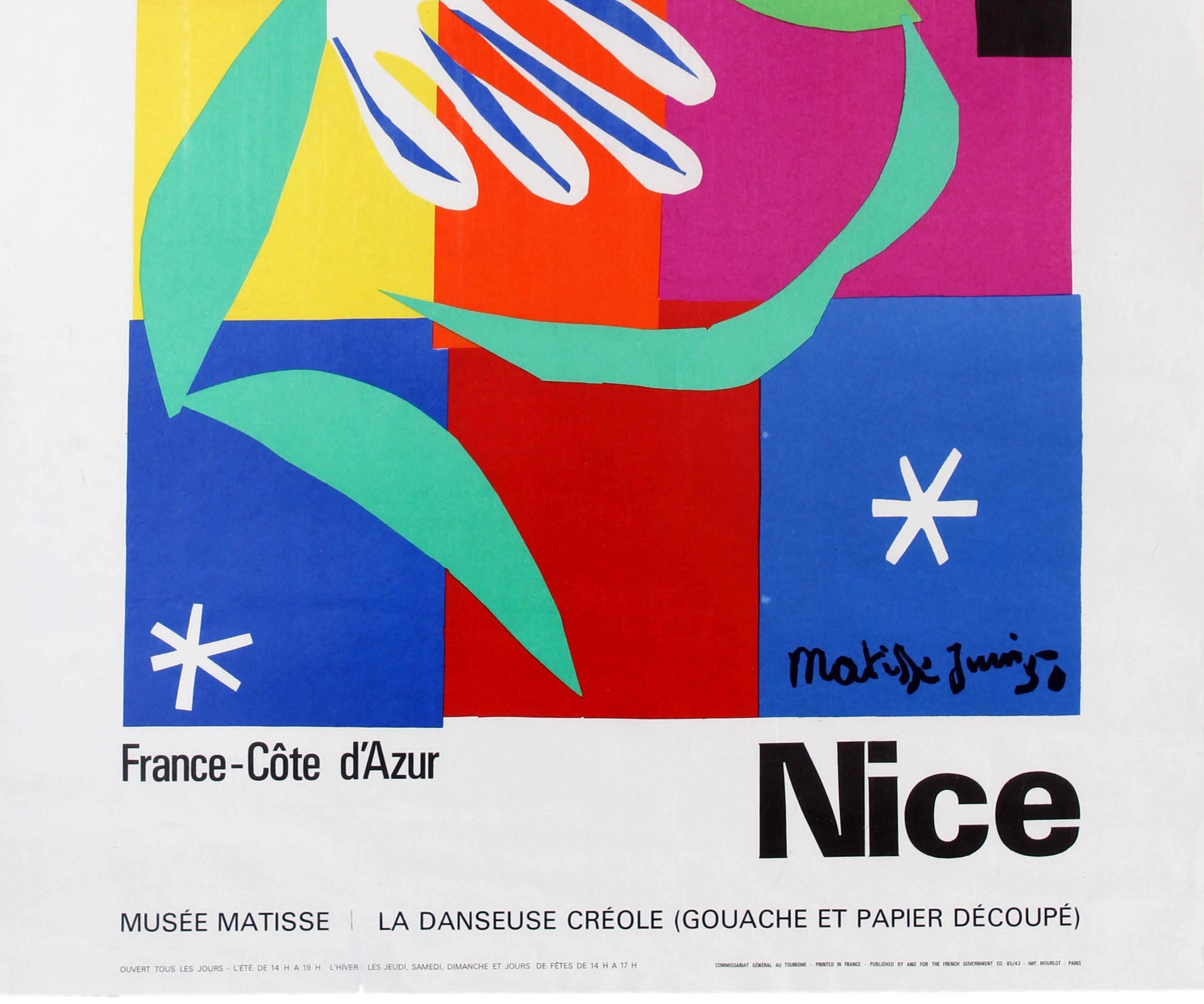 Original vintage travel advertising poster published by and for the French Government and the General Committee for Tourism to promote the city of Nice on the French Riviera - France Cote d'Azur - and the Matisse Museum / Musee Matisse (opened 1963)