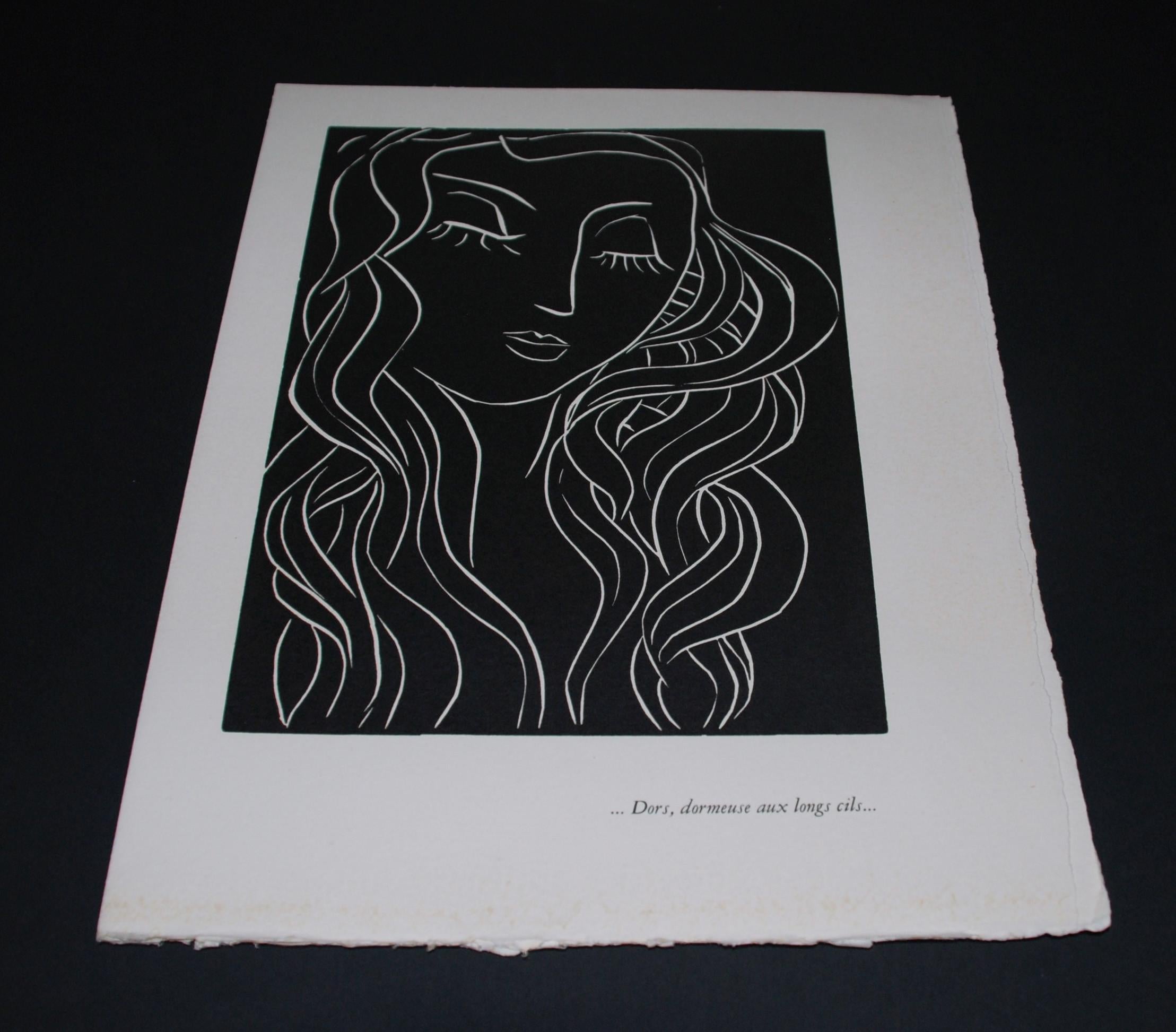 Artist: Henri Matisse
Medium: Linocut on Arches vellum
Title: Plate 5: Dors, Dormeuse aux Longs Cils (Sleep, Sleeper with Long Eyelashes)
Portfolio: Pasiphae
Year: 1944
Edition: 200
Frame Size: 19 3/4
