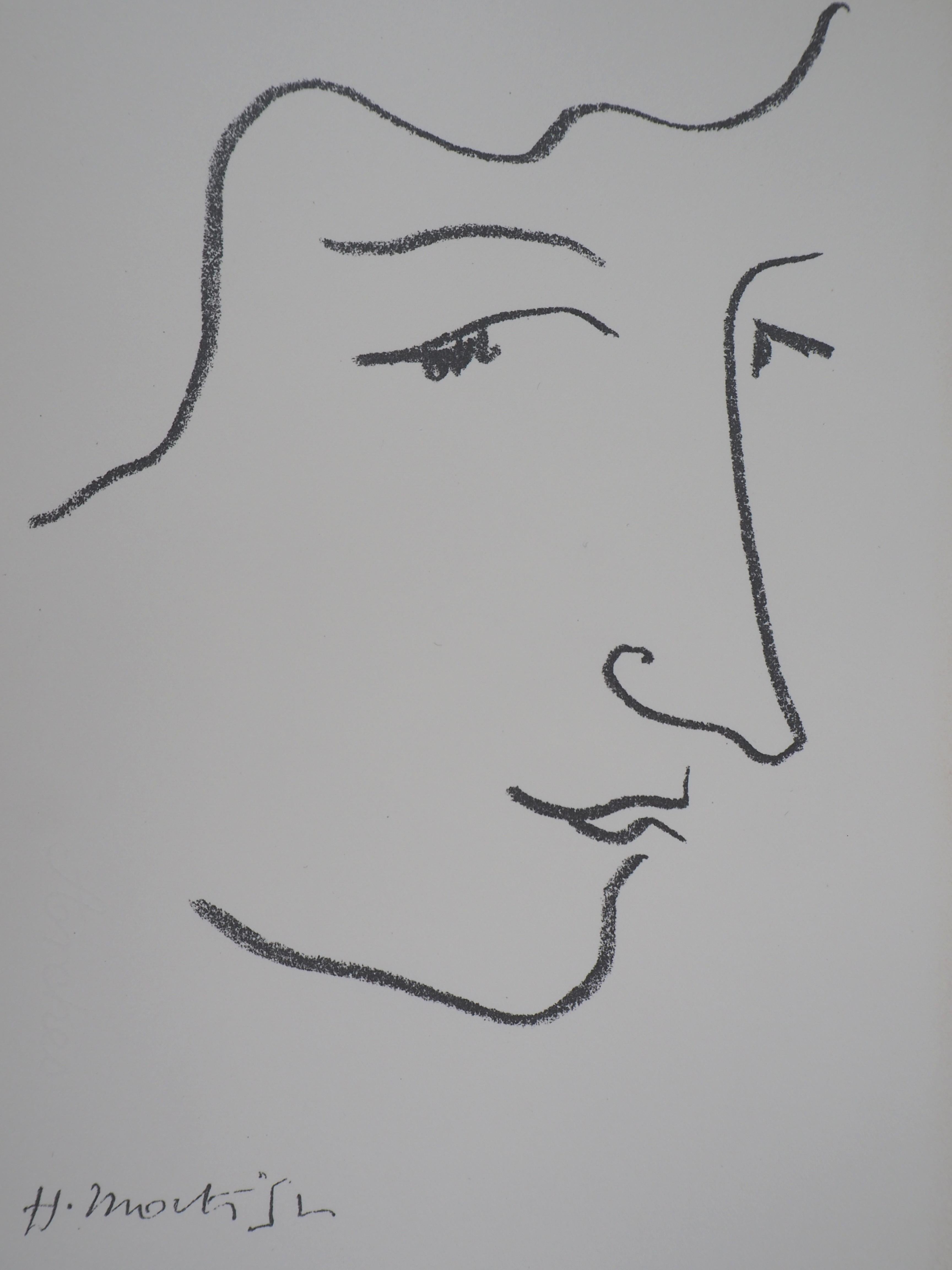 Profile Portrait of Colette - Original lithograph (Referenced in Duthuit #29) - Gray Portrait Print by Henri Matisse
