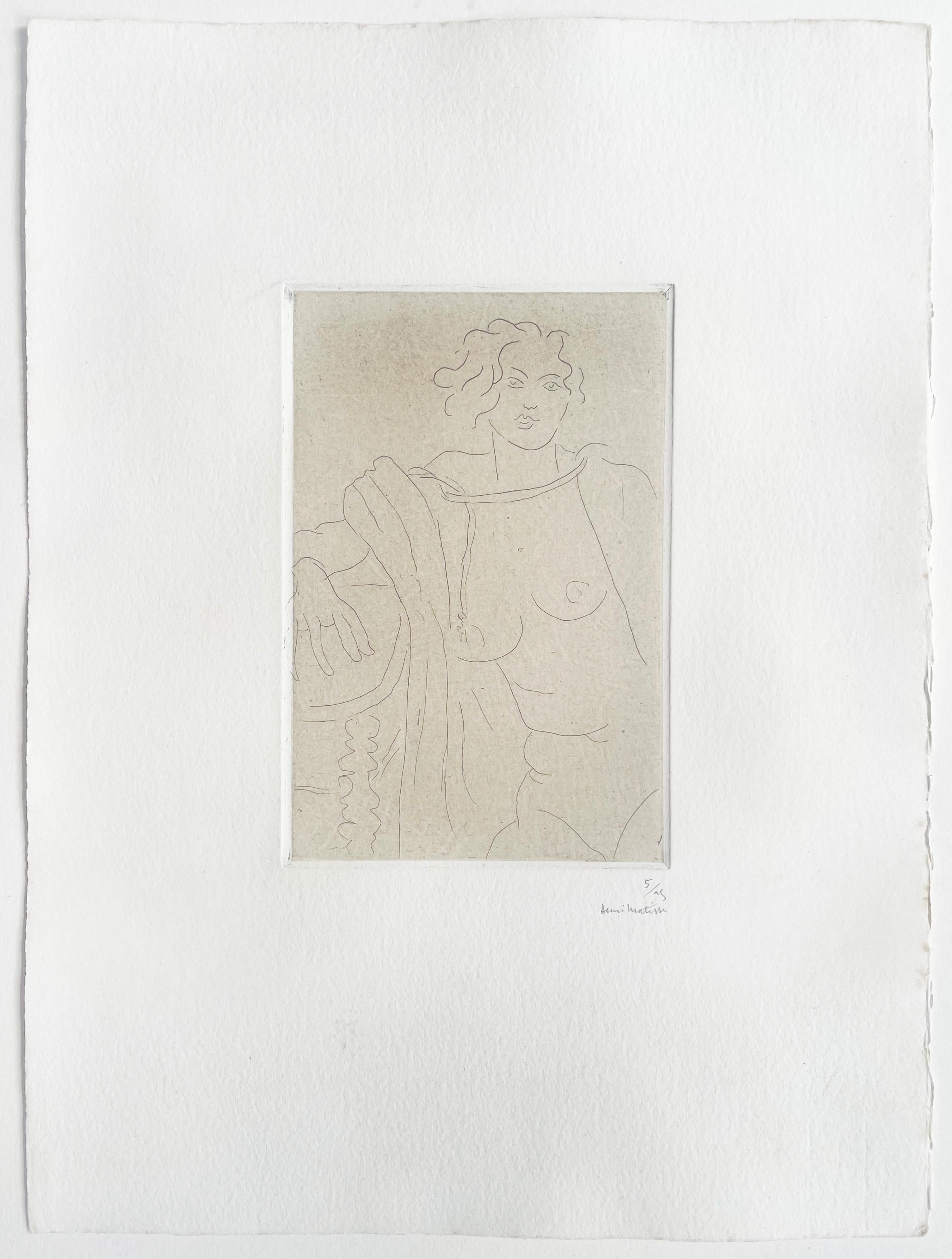 Sitzende Figur, mit dem rechten Arm auf einen Tisch gestützt, lesend - Französische Ausgabe von 25 – Print von Henri Matisse