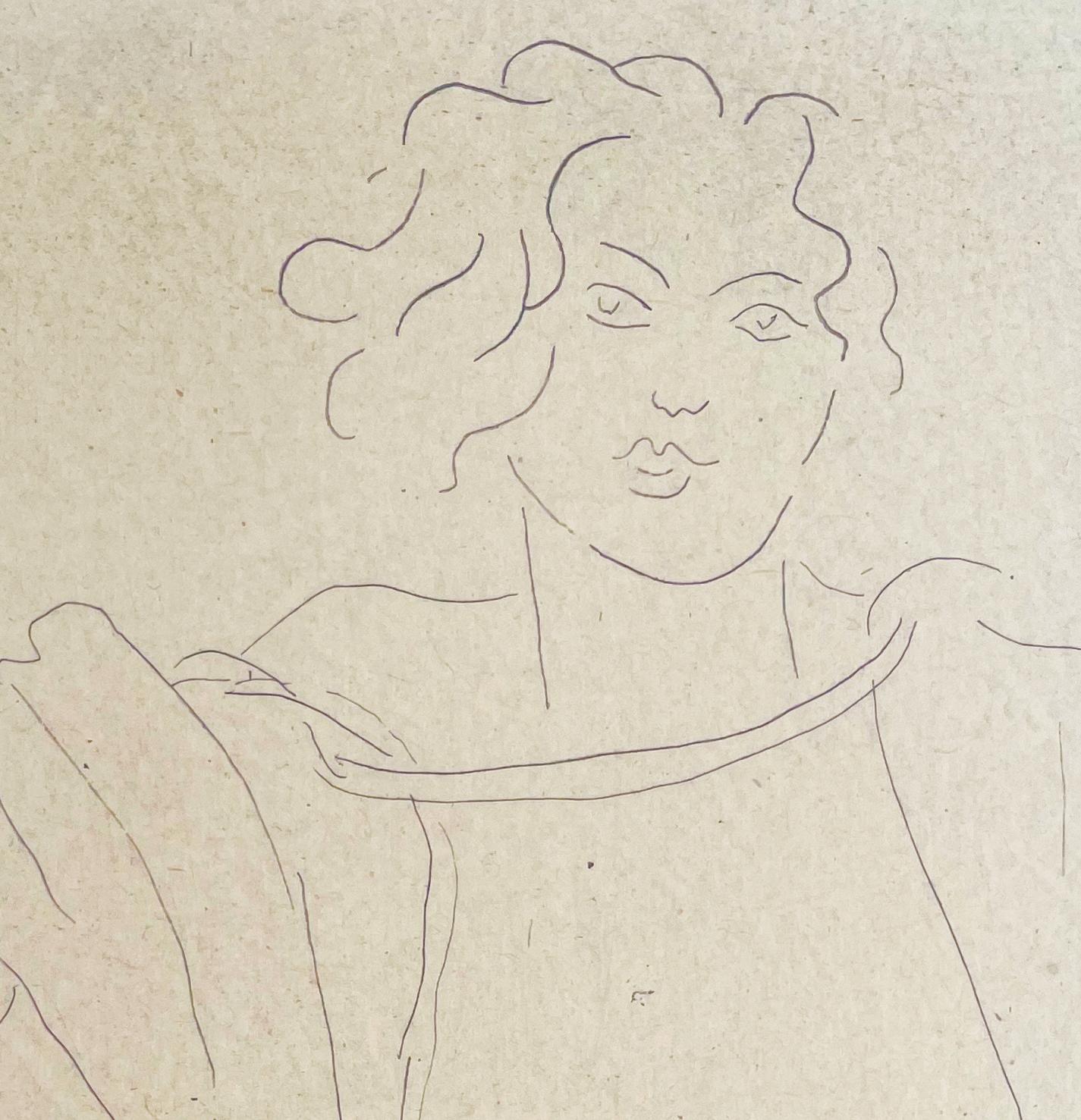Sitzende Figur, mit dem rechten Arm auf einen Tisch gestützt, lesend - Französische Ausgabe von 25 (Beige), Portrait Print, von Henri Matisse