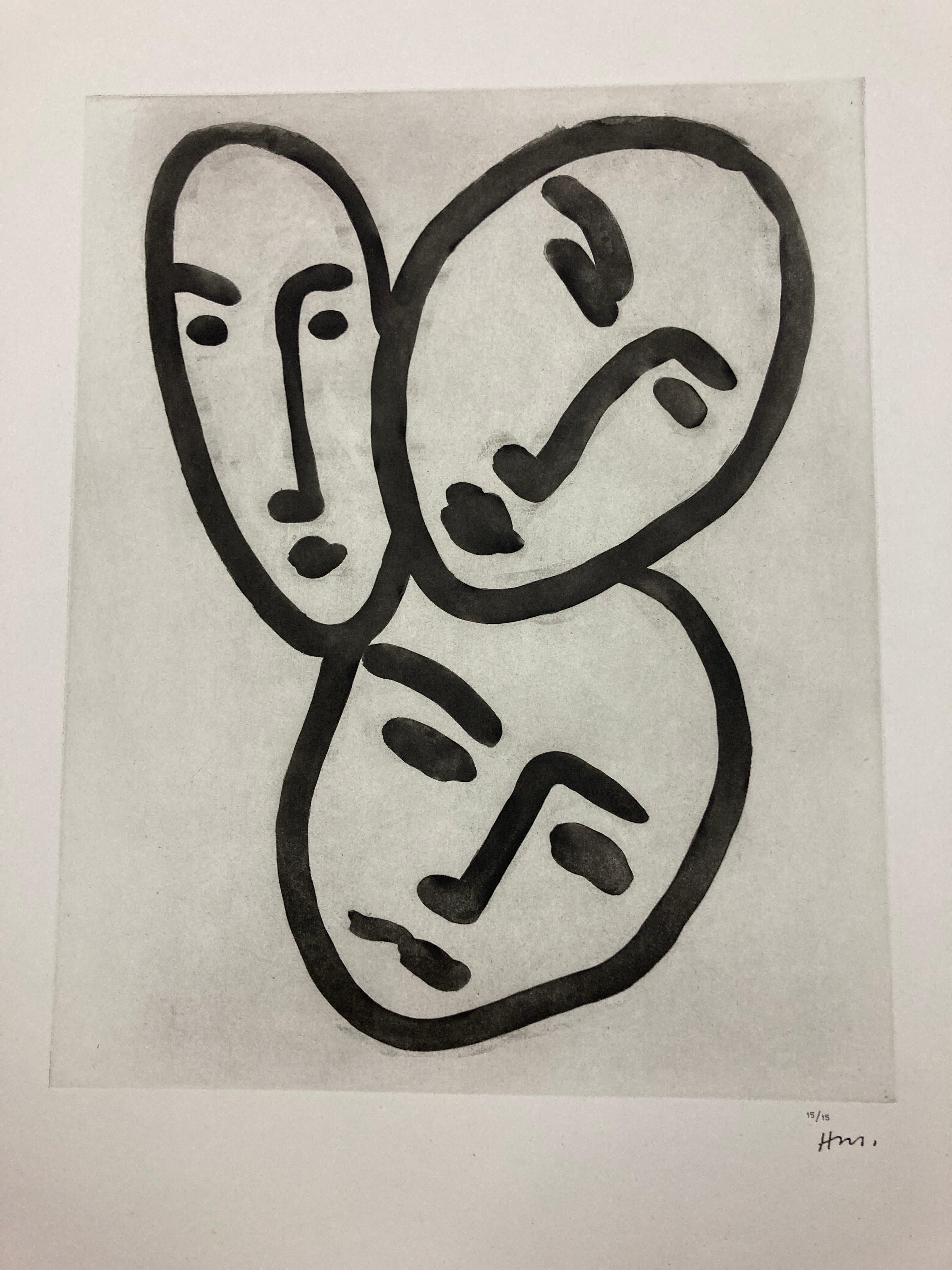Trois Têtes; À l'amitié (Masques d'Apollinaire, Matisse et Rouveyre) - Print by Henri Matisse
