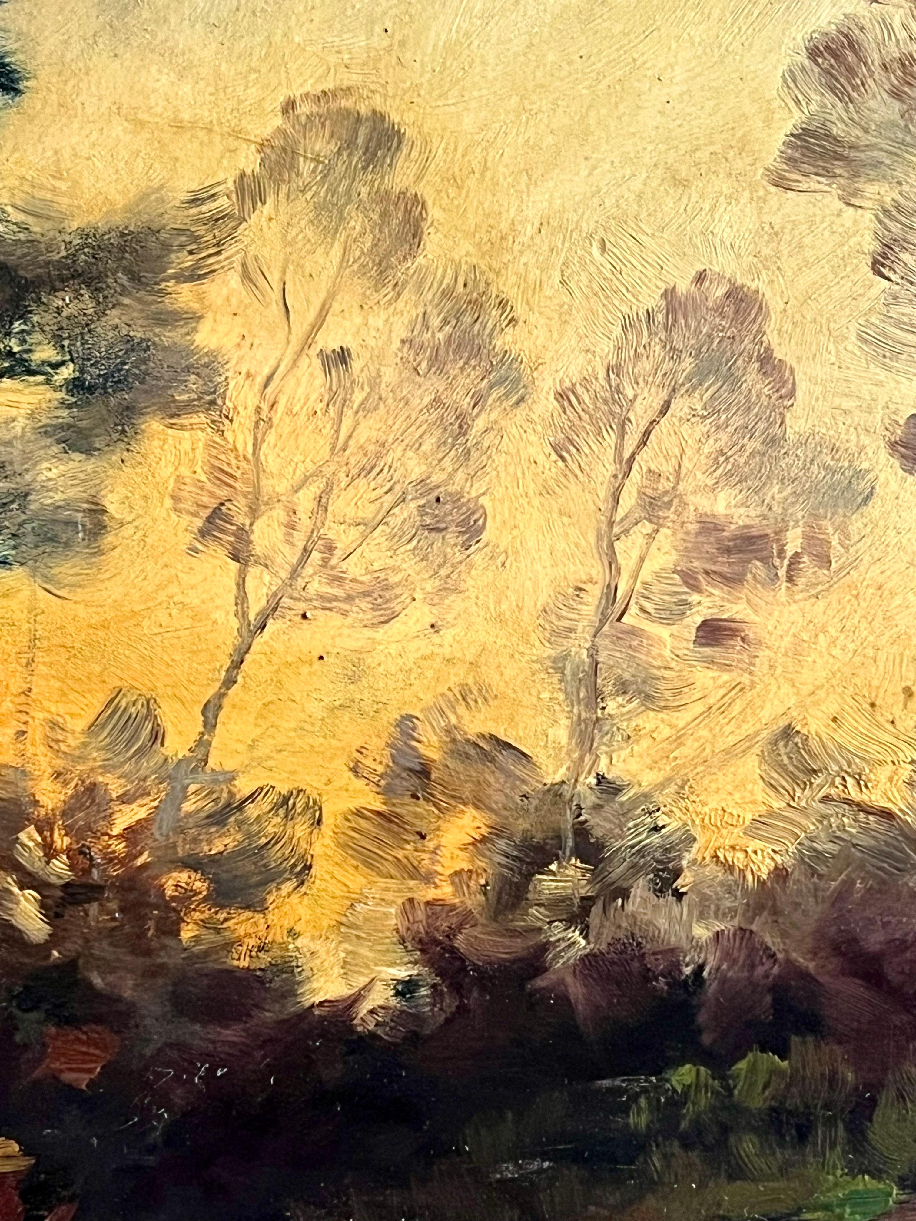 Grande huile romantique du 19e siècle - Un berger au coucher du soleil dans la campagne en vente 1