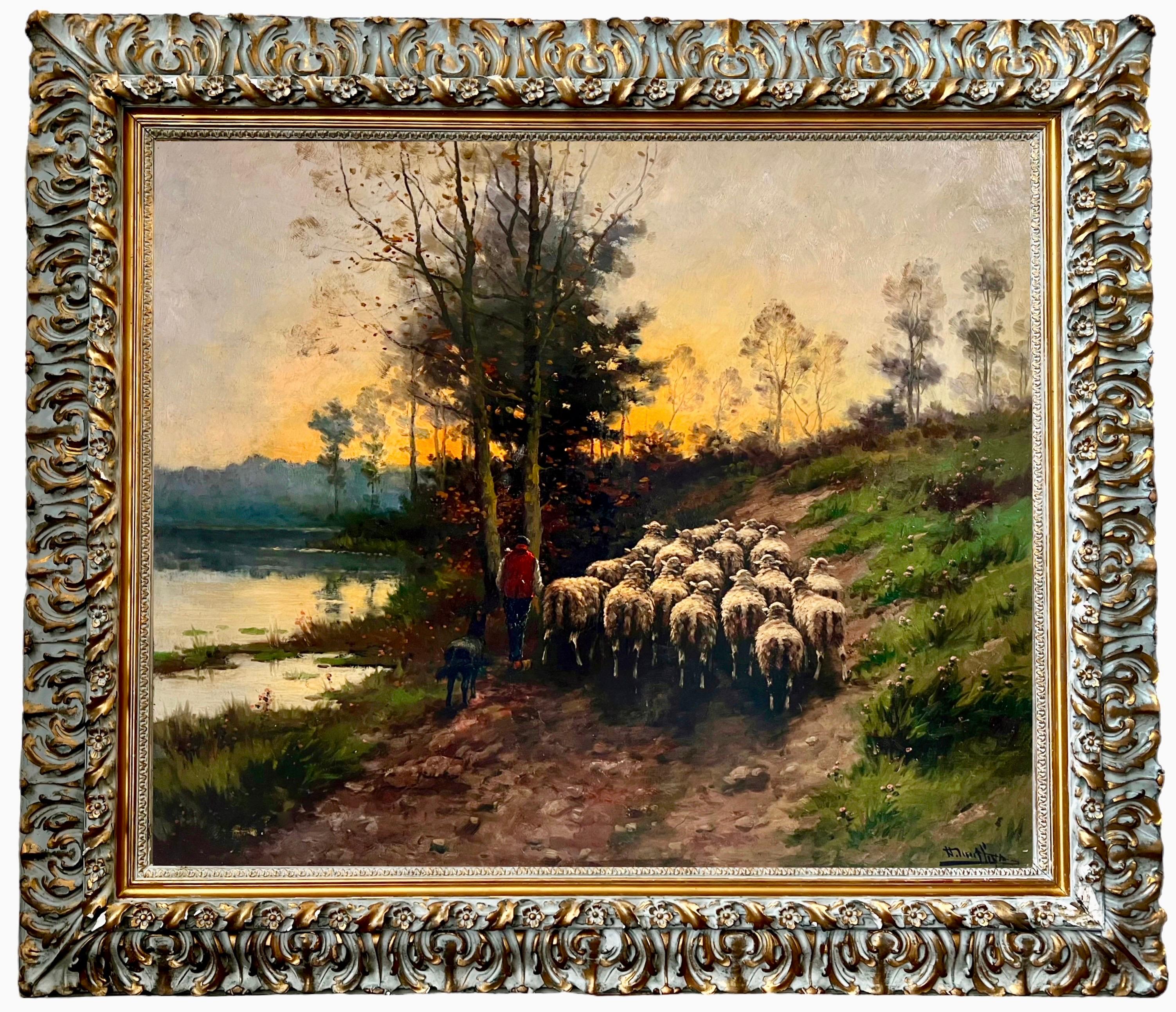 Henri Matthys Landscape Painting - Huge 19th century Romantic oil - A shepherd at sunset in the countryside