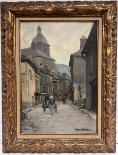 Antique French Post Impressionist Signed Oil Old Provencal Village Street