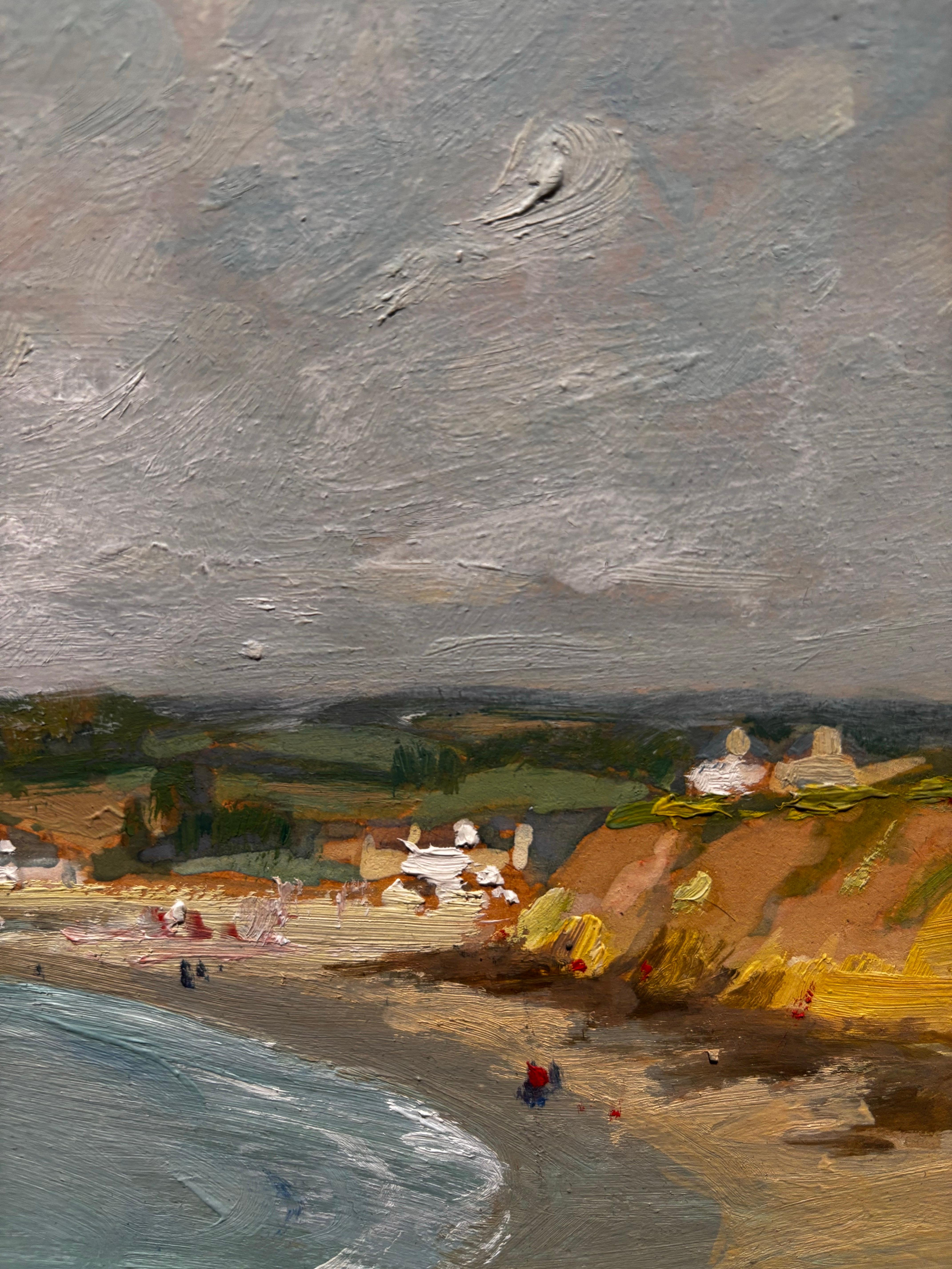 Piccola pittura a olio ,luminoso paesaggio della Bretagna francese, molto luminoso, splendida cornice