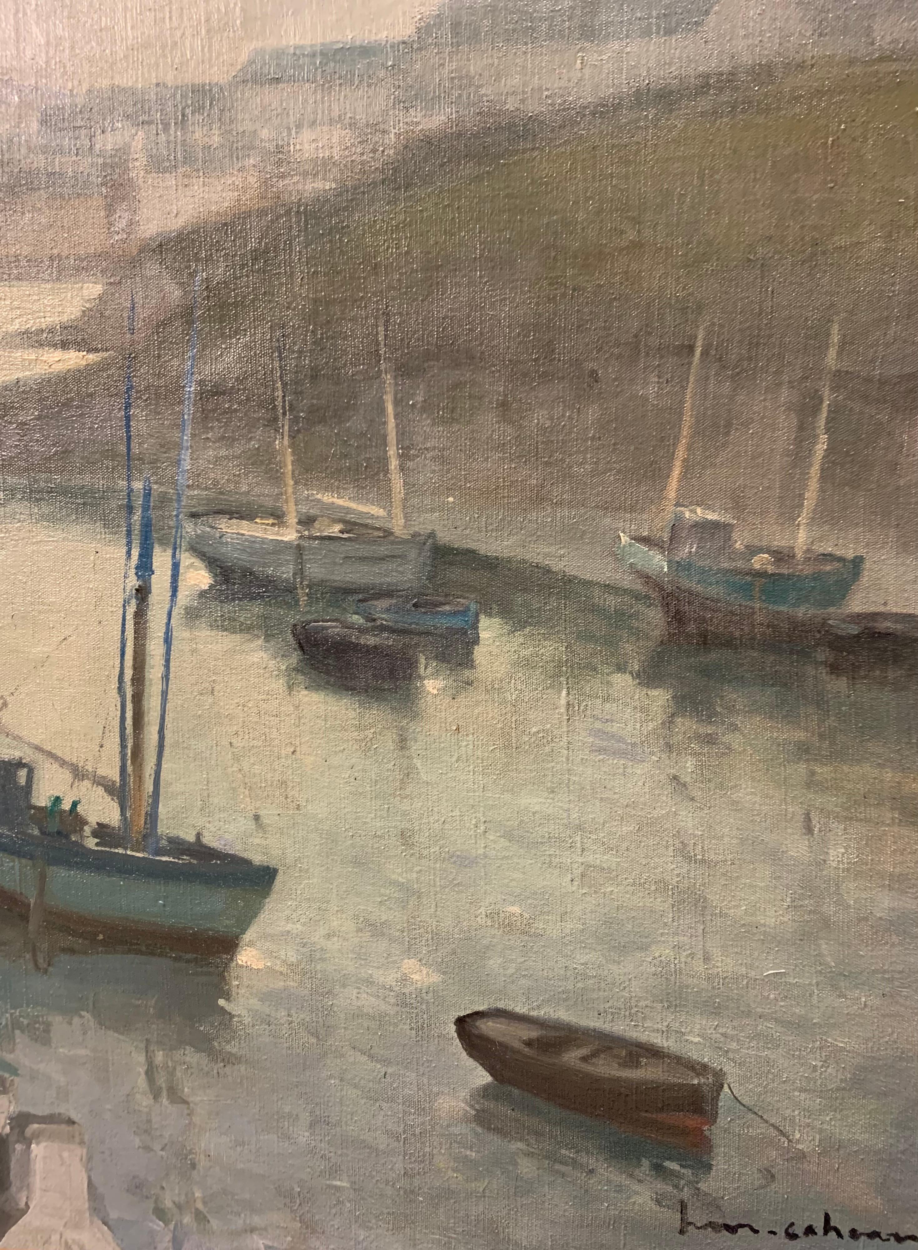 Boats in the port - Douarnenez , France, Sailboats, blue, gray, impressionist, Sea - Painting by Henri Maurice CAHOURS