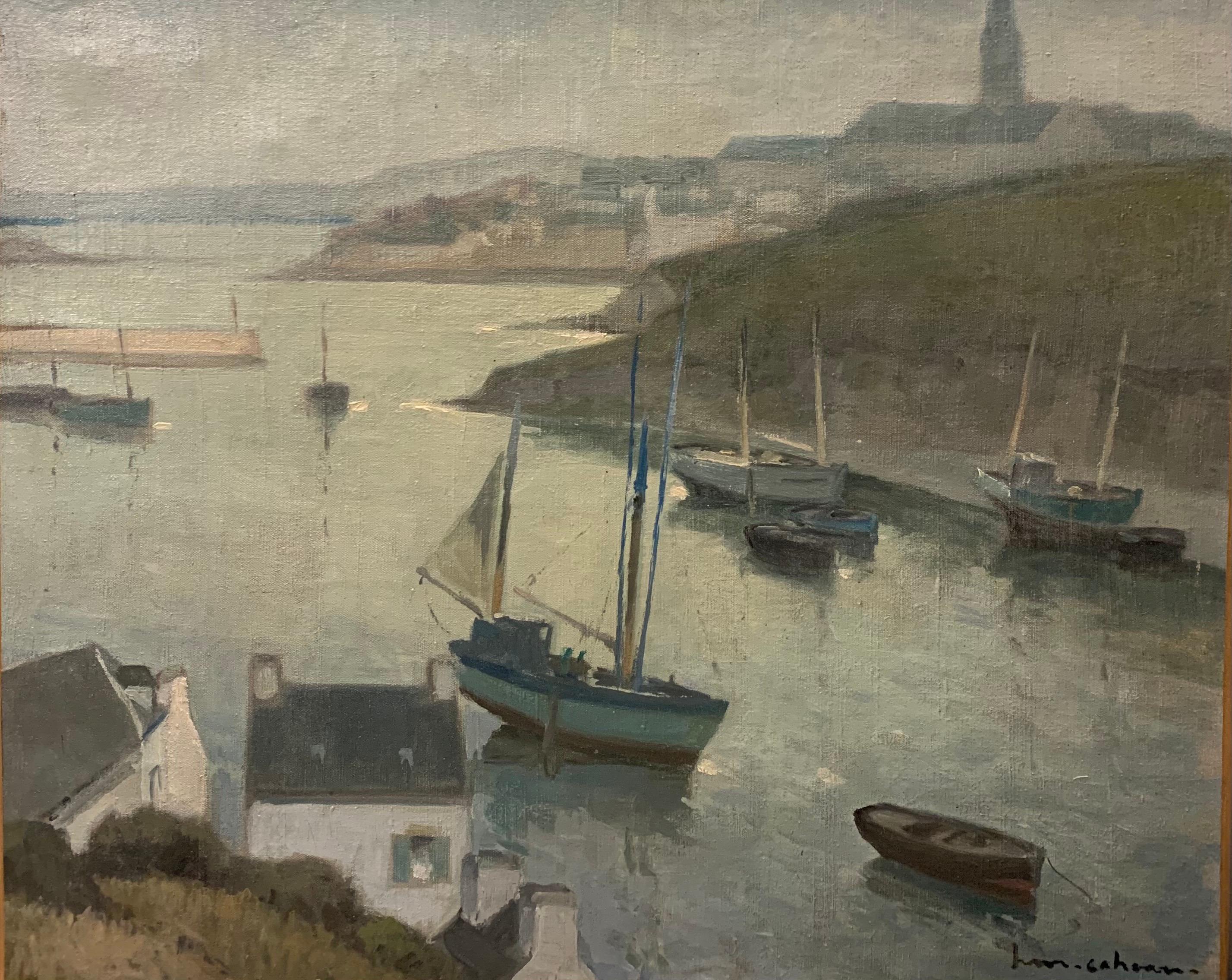 Henri Maurice CAHOURS Figurative Painting - Boats in the port - Douarnenez , France, Sailboats, blue, gray, impressionist, Sea
