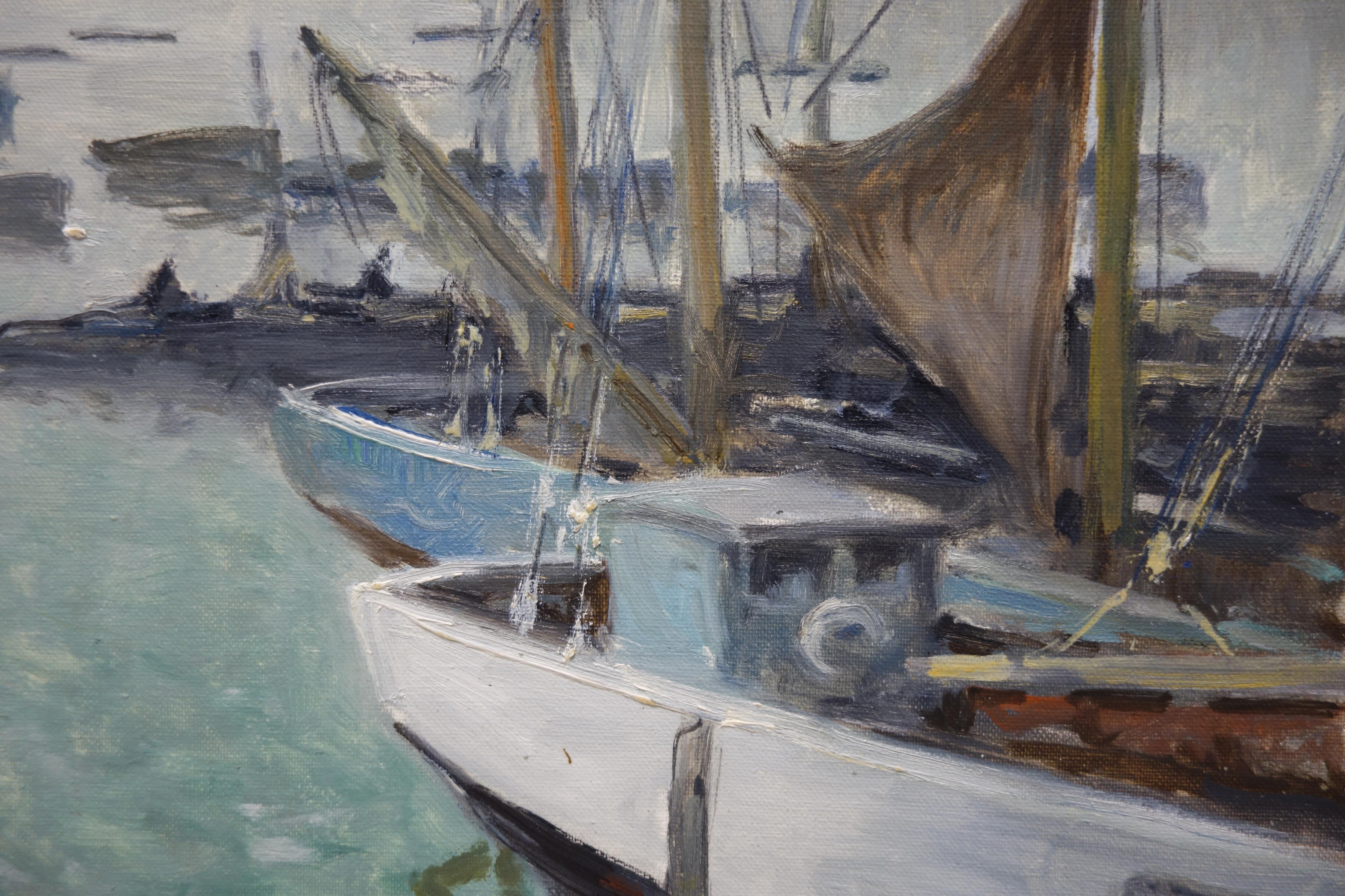 Boats in the port , France, Sailboats, blue, gray, impressionist, Sea - Painting by Henri Maurice CAHOURS