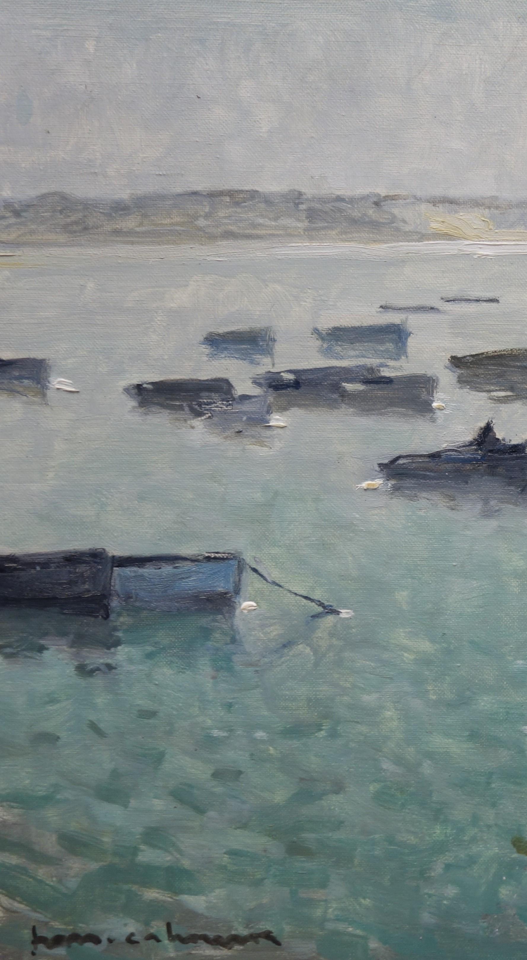 Boats in the port , France, Sailboats, blue, gray, impressionist, Sea - Impressionist Painting by Henri Maurice CAHOURS