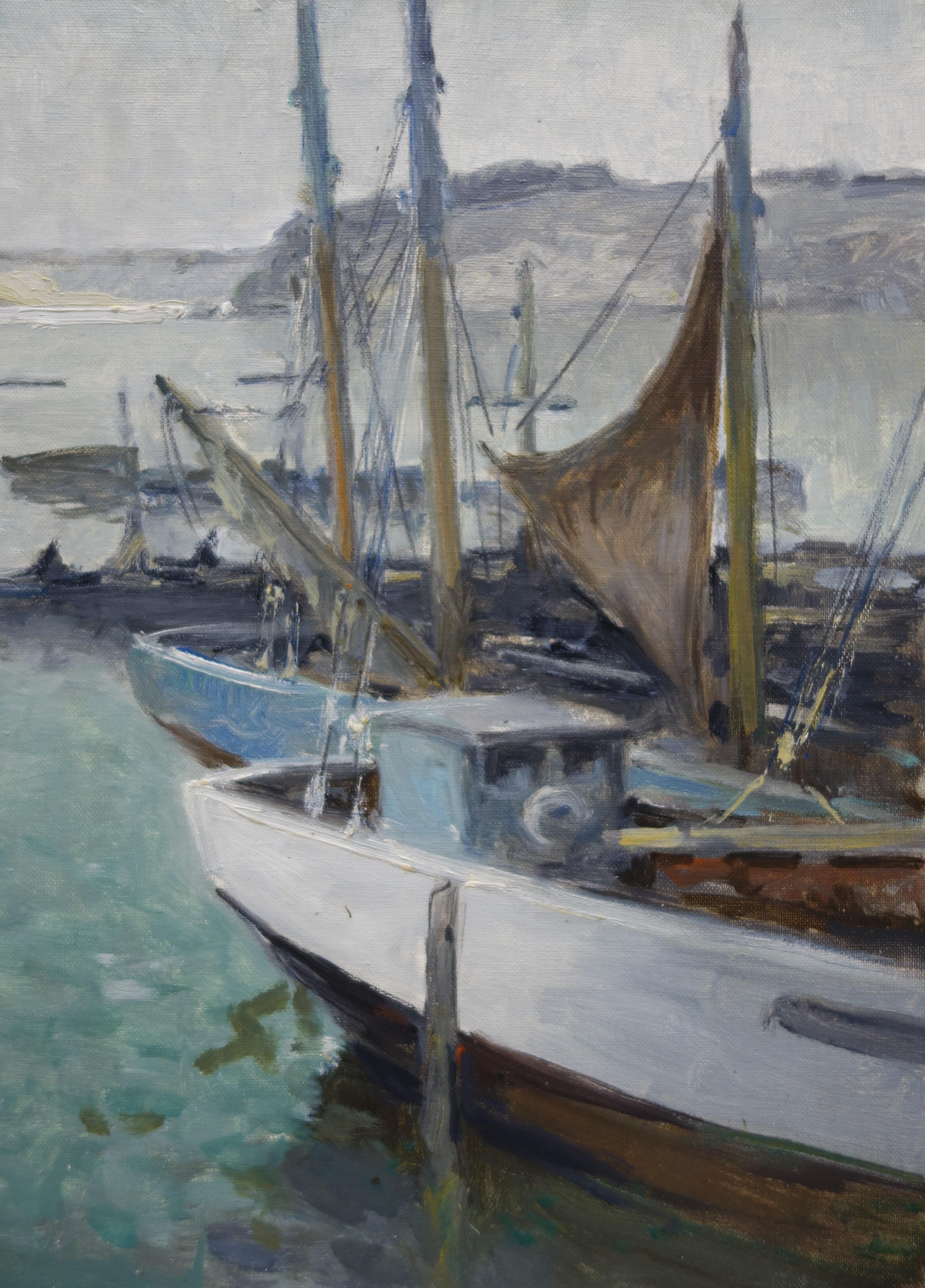 Boats in the port , France, Sailboats, blue, gray, impressionist, Sea - Gray Figurative Painting by Henri Maurice CAHOURS