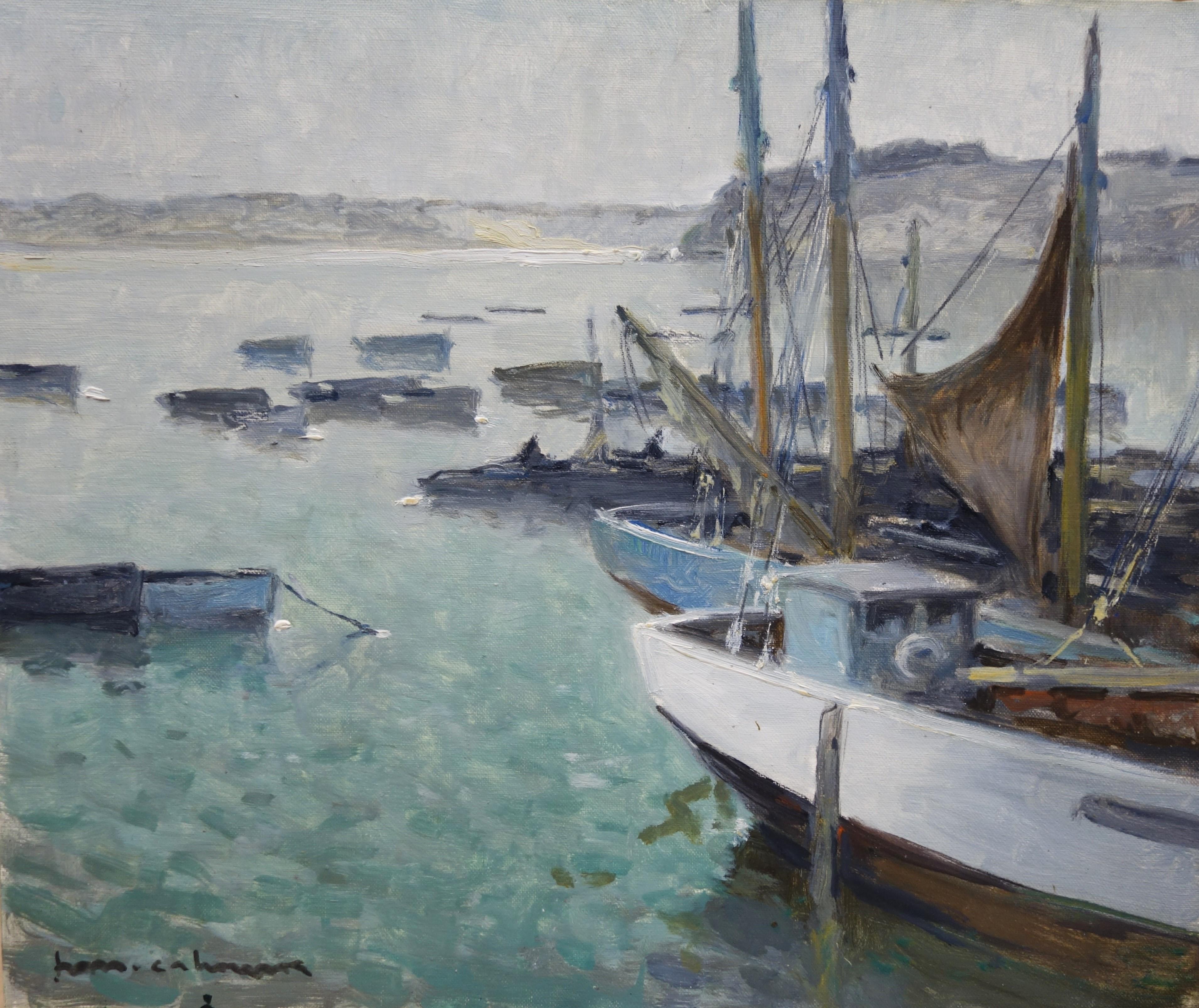 Henri Maurice CAHOURS Figurative Painting - Boats in the port , France, Sailboats, blue, gray, impressionist, Sea