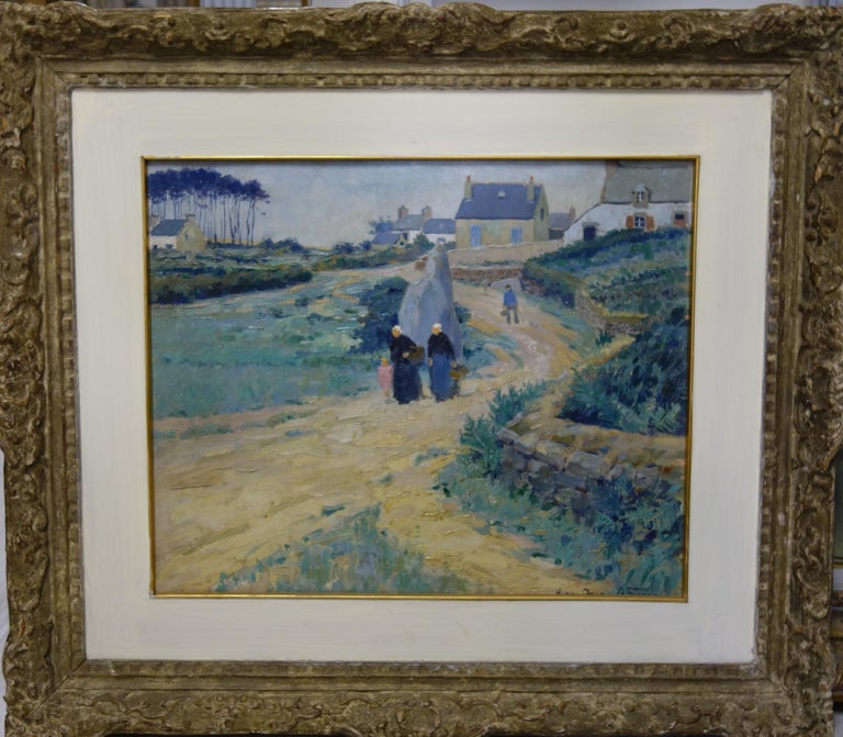 Henri Maurice CAHOURS Landscape Painting - "Bretonnes sur le chamin du village" France oil cm. 61 x 52 1915