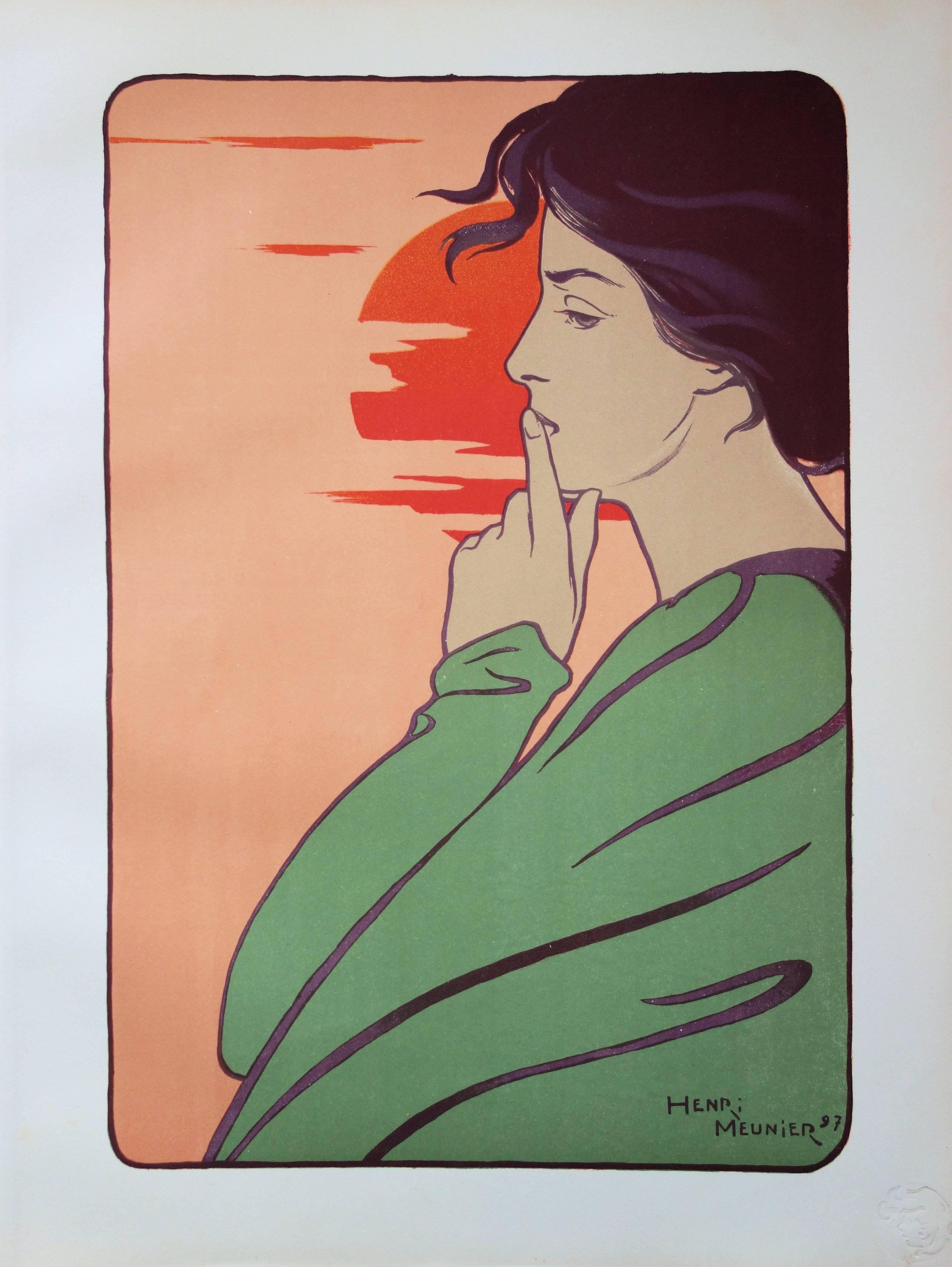 Figurative Print de Henri Meunier - Atardecer meditabundo : Tiempo de silencio - Litografía original, 1897