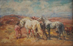 Chevaux de goumiers - Huile sur panneau d'Henri Rousseau, signé en bas à gauche