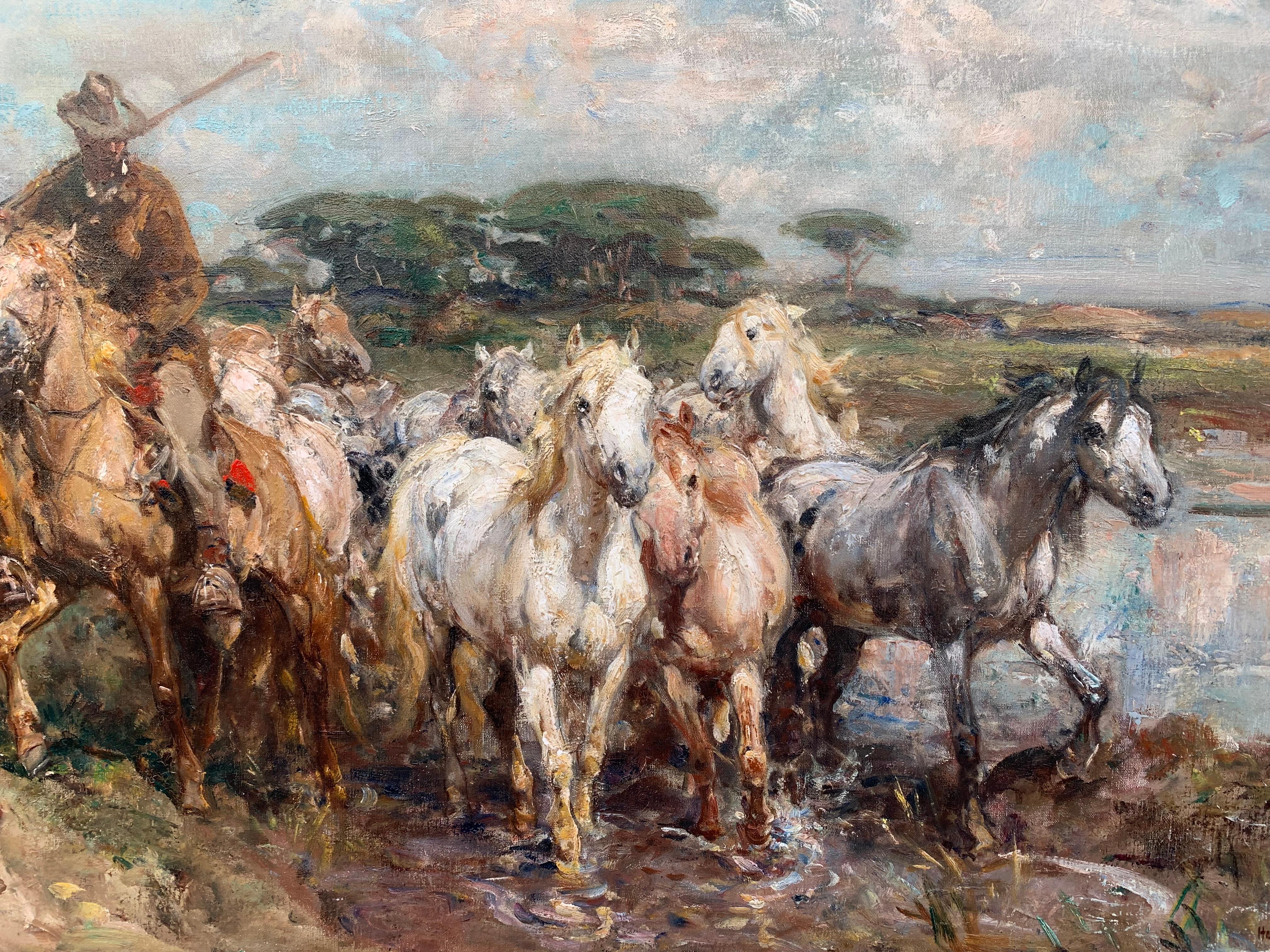 GARDIANS IN CAMARGUE Öl auf Leinwand signiert Henri Emilien ROUSSEAU (1875-1933) und datiert 1924.
Orientalischer Maler, Landschaften und Pferde. Hier eine Szene aus der Camargue, die Hirten beim Bewachen ihrer Herden zeigt.
Schöner