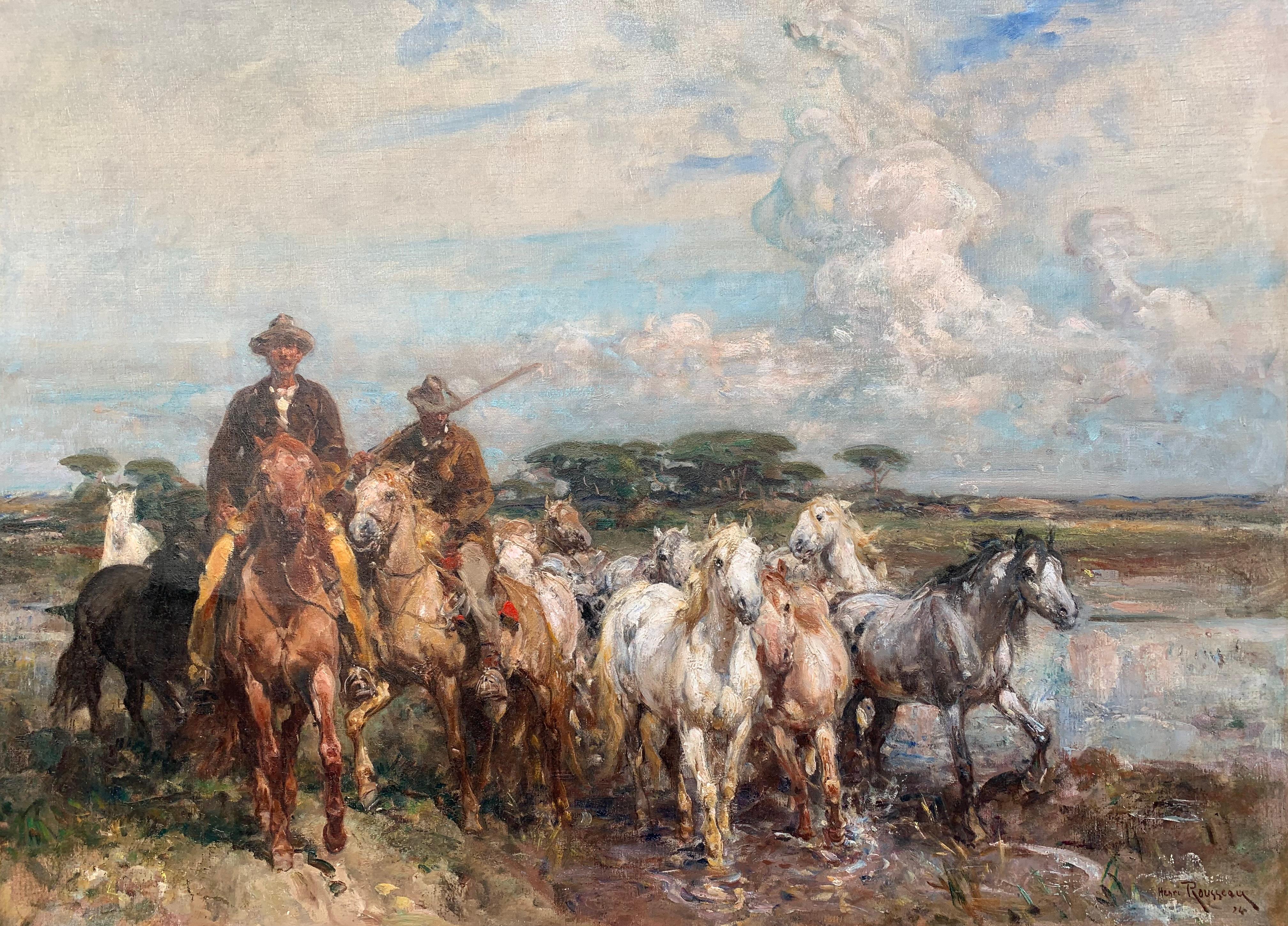 Gardiani in Camargue, Olio su tela firmato Henri Emilien Rousseau, 1924