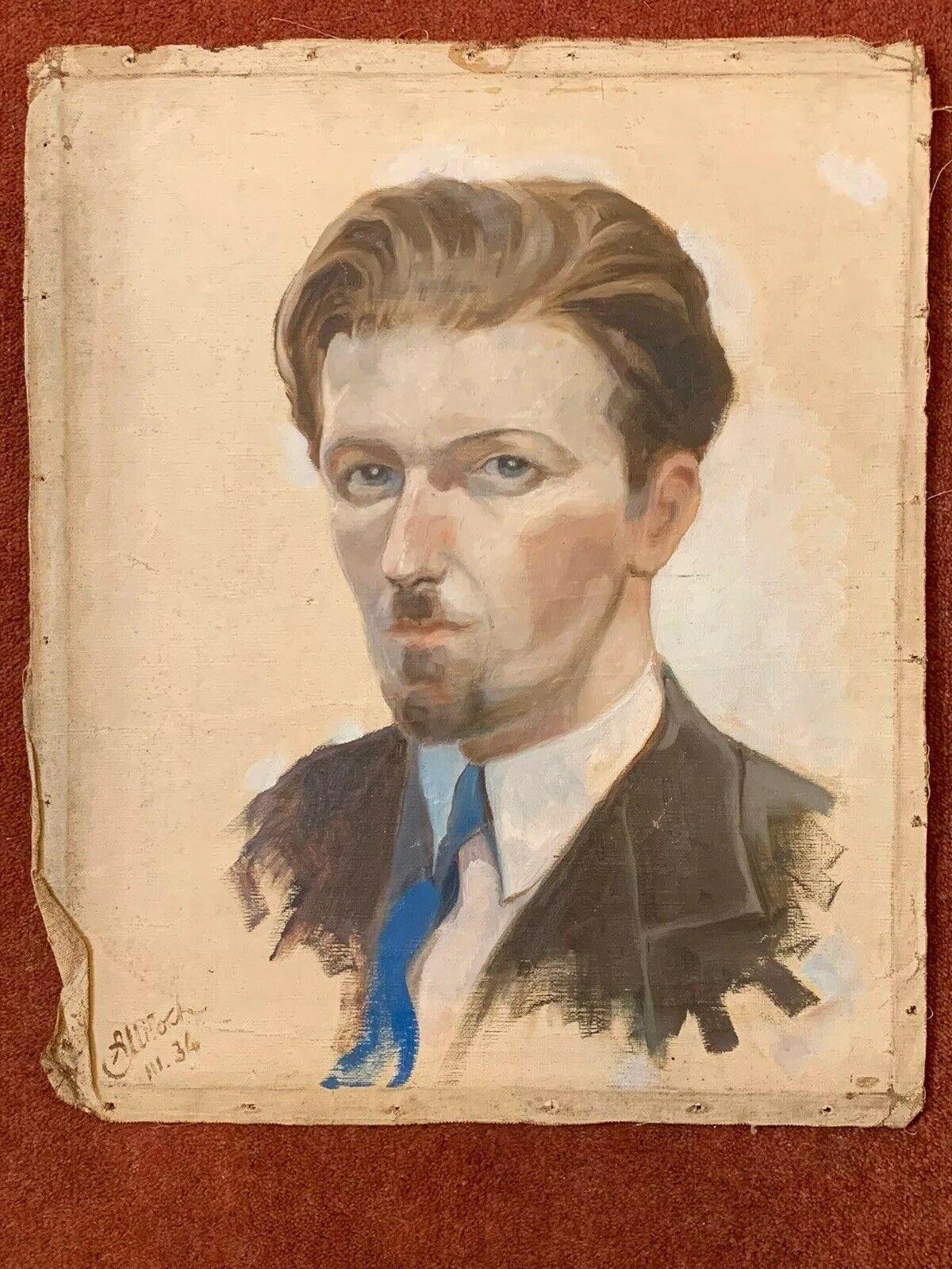 Ritratto di un uomo
di Henri Miloch (1898-1979)
firmato e datato in basso a sinistra 1934
dipinto a olio su tela non tesa, senza cornice

Tela: 19 x 16 pollici

Dipinto a olio su tela molto decorativo degli anni '30 di Henri Miloch