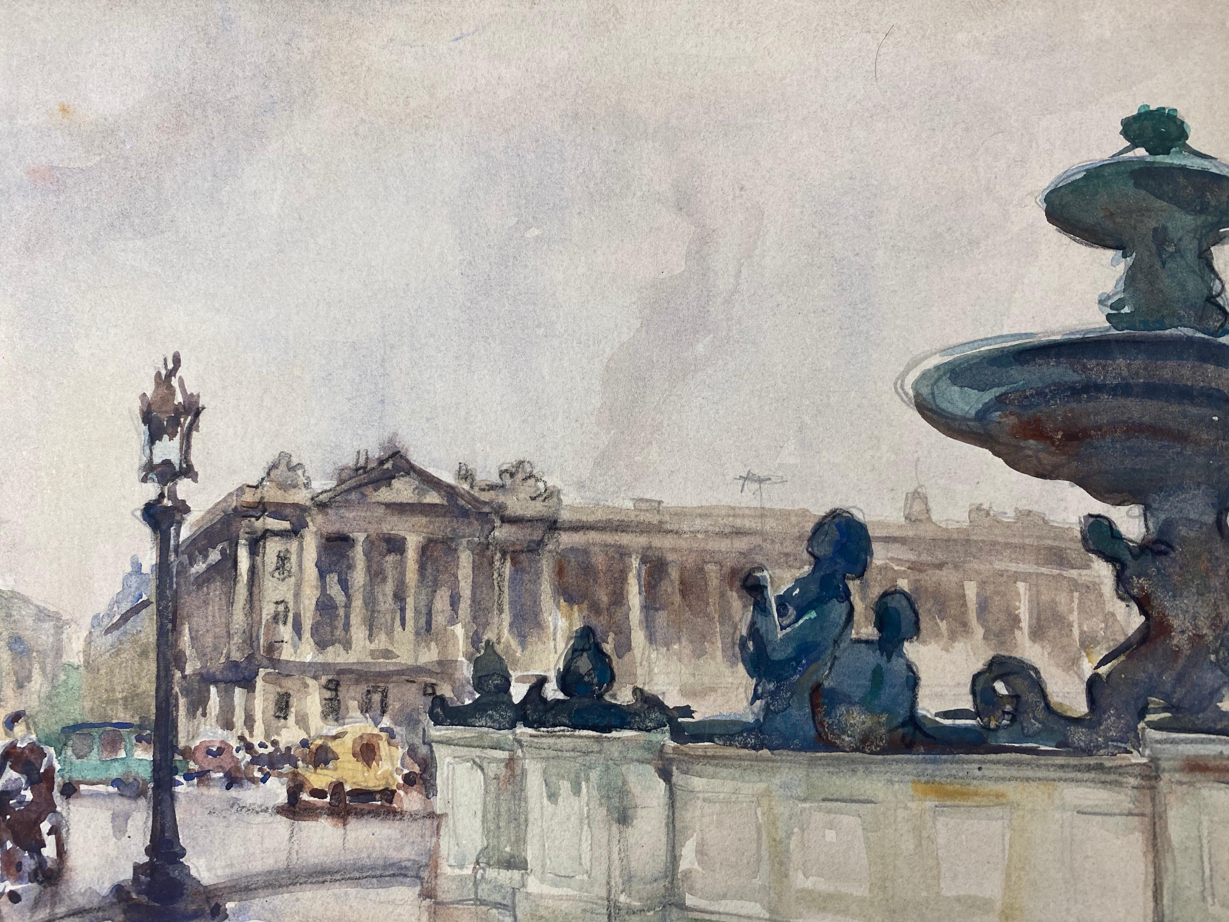 Ecole de Paris Mid 20th Century, A Scene by Place De Le Concorde Paris - Gray Landscape Painting by Henri Miloch