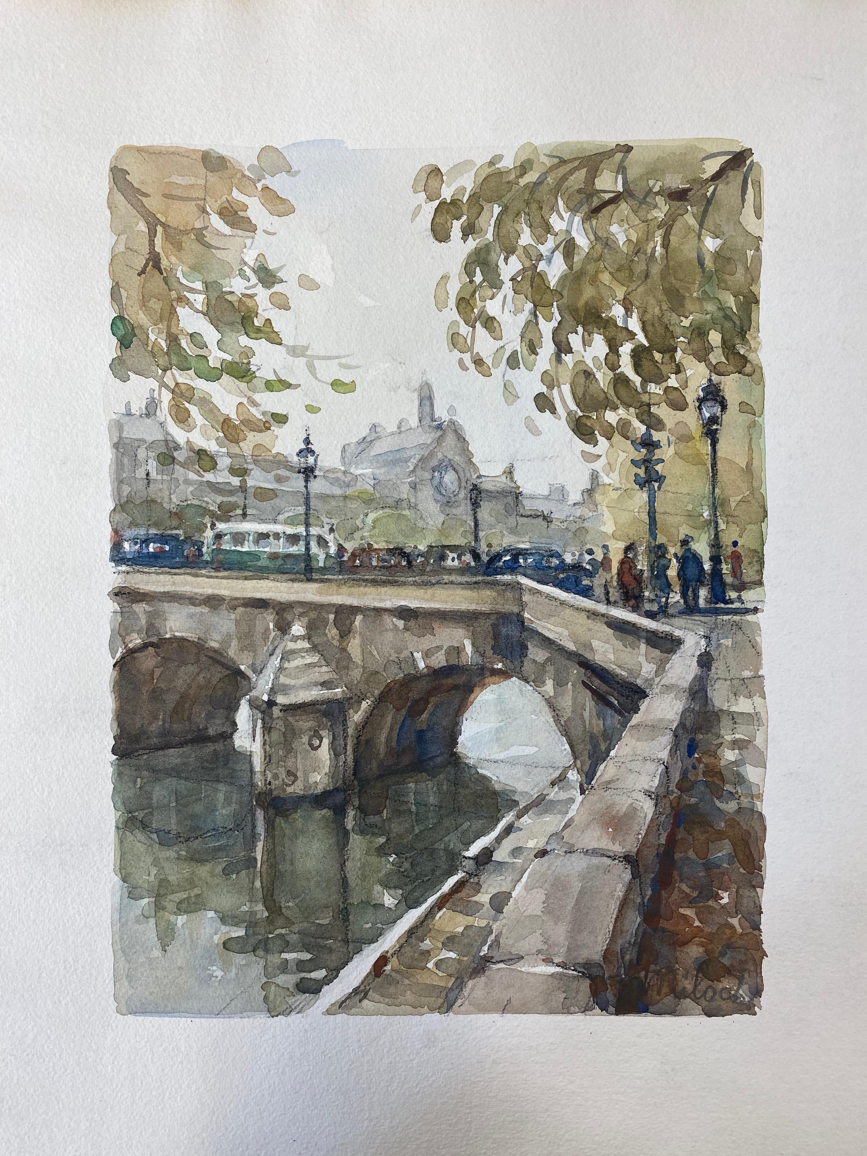 Ecole de Paris Mid 20th Century, Parisian Scene River Seine Pont - Painting by Henri Miloch