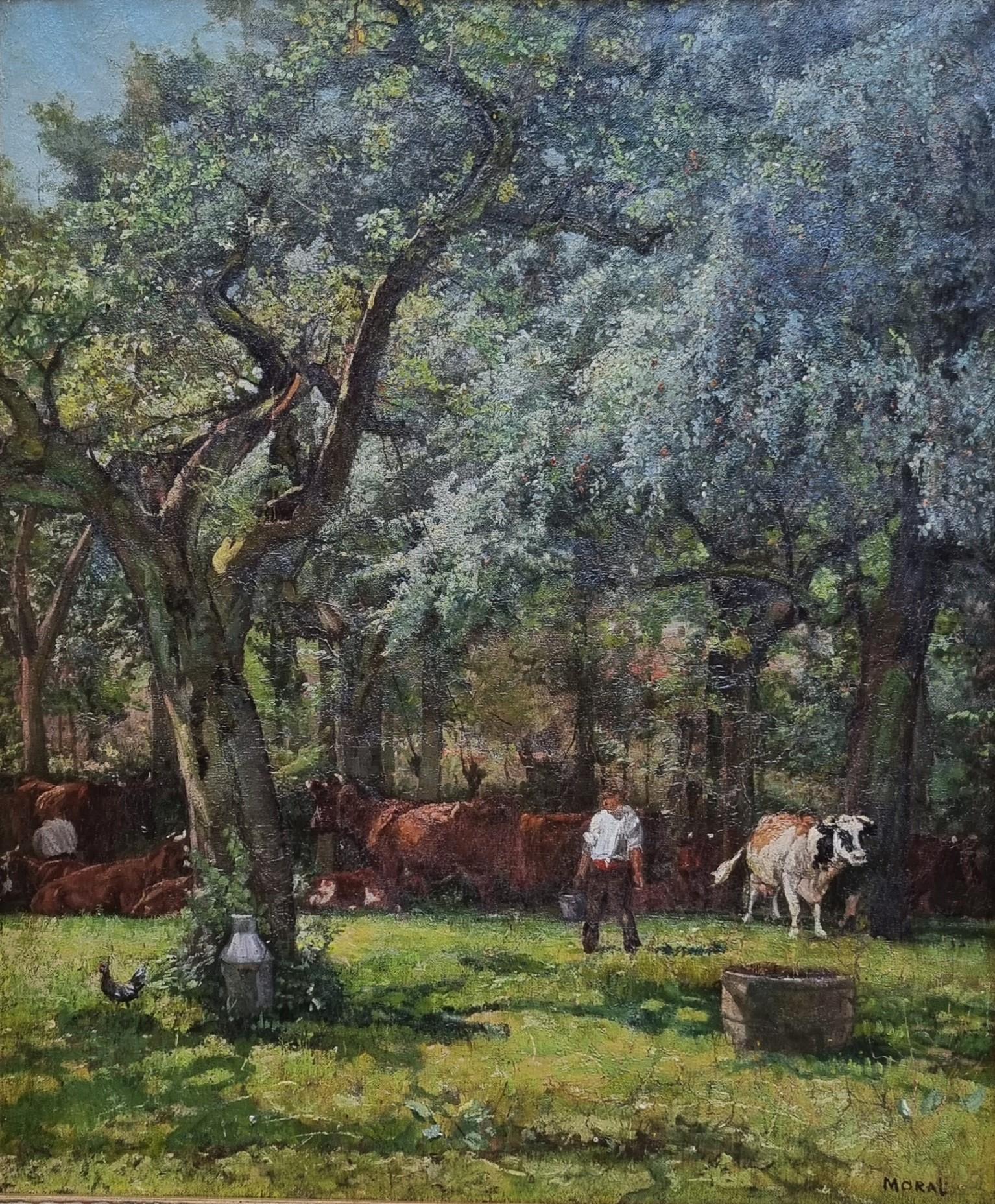 Pittura Naturalista Francese Paesaggio Mucche Alberi Henri MORAL XIX