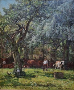 Painting French Naturalist Landscape Cows Trees Henri MORAL 19th