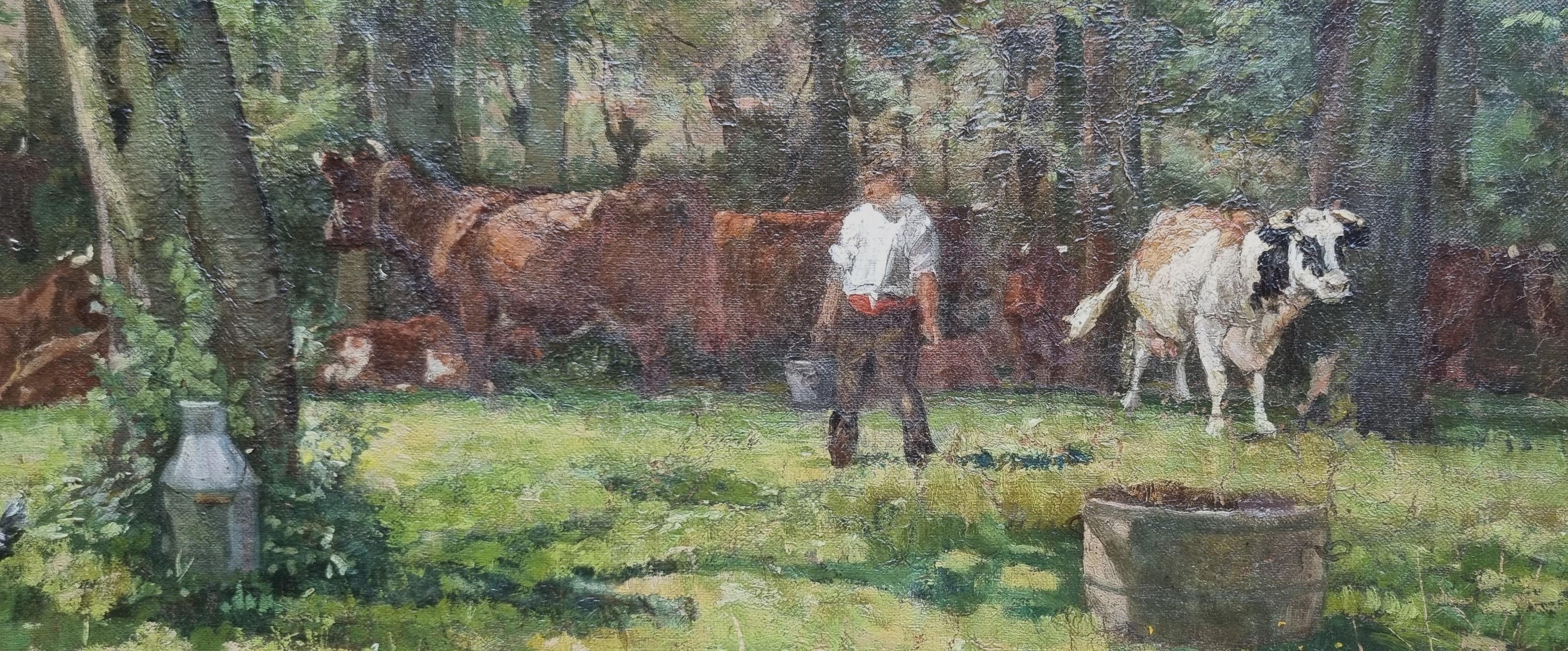 Gemälde Französische naturalistische Landschaft Kühe und Bäume Henri MORAL 19. Jahrhundert im Angebot 3